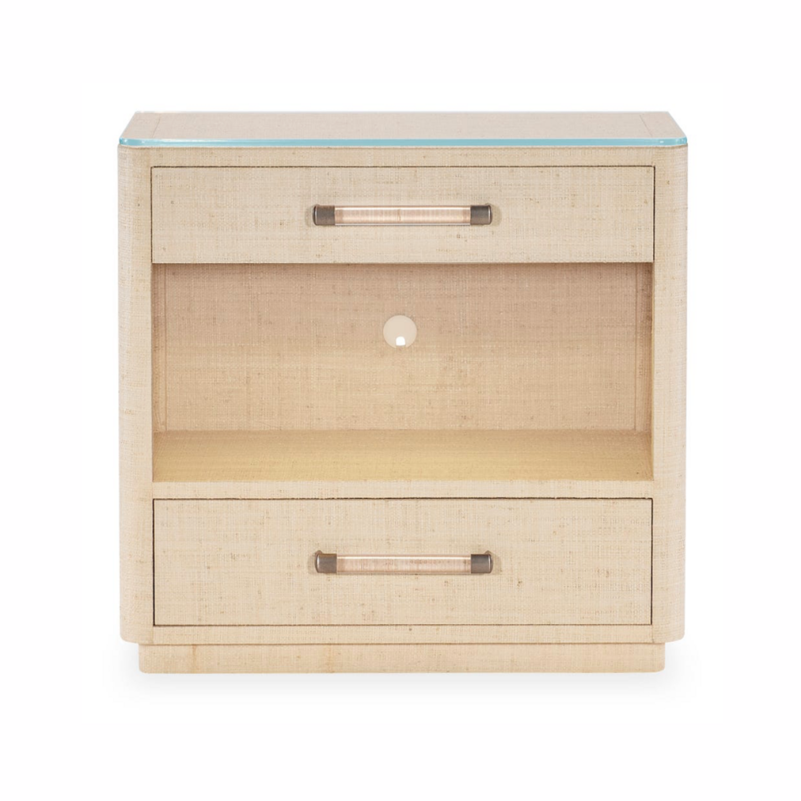 Outside The Box 32x18x30 Boca Chica Natural Raffia Wrapped 2 Drawer LED Lighting Nightstand W / Glass Top