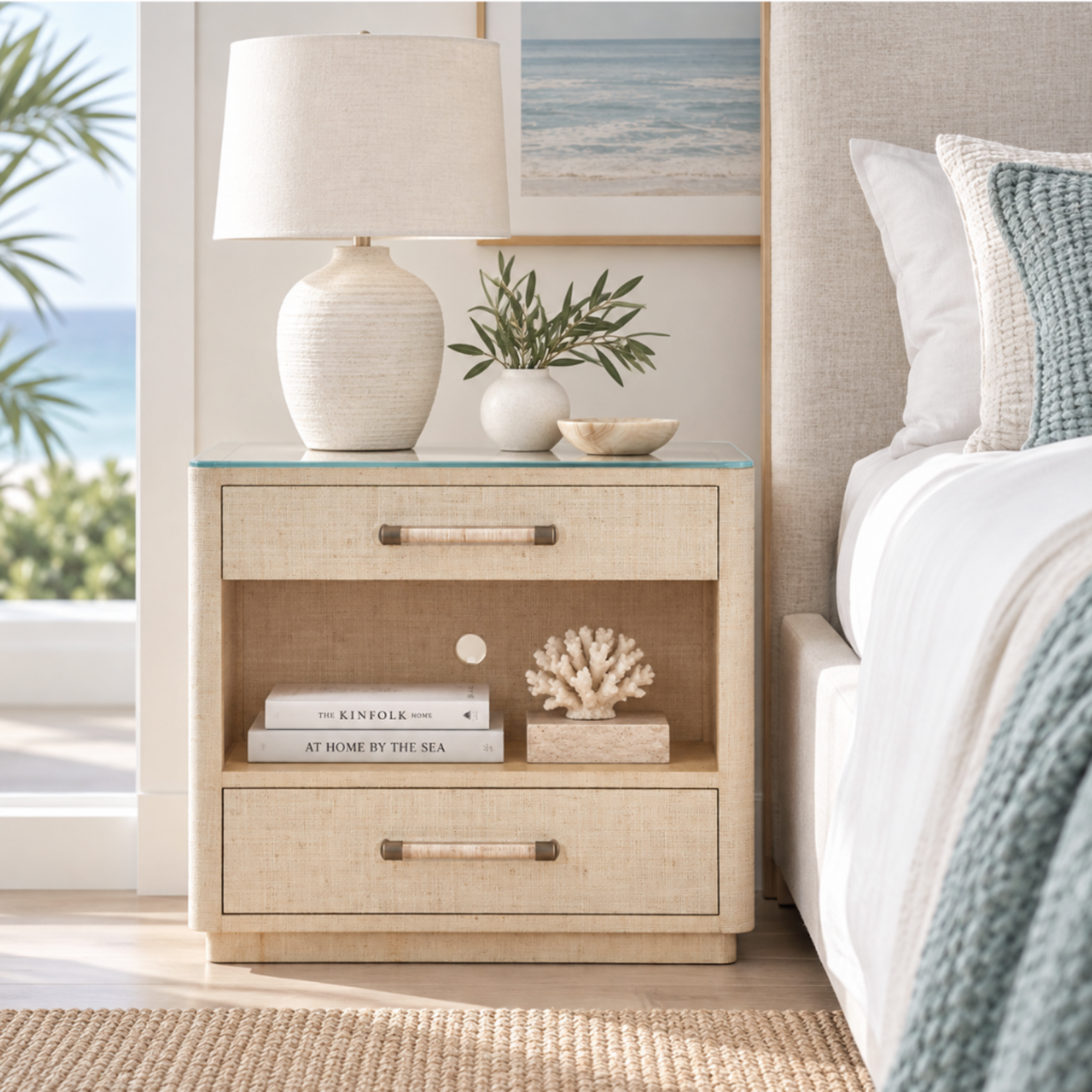 Outside The Box 32x18x30 Boca Chica Natural Raffia Wrapped 2 Drawer LED Lighting Nightstand W / Glass Top