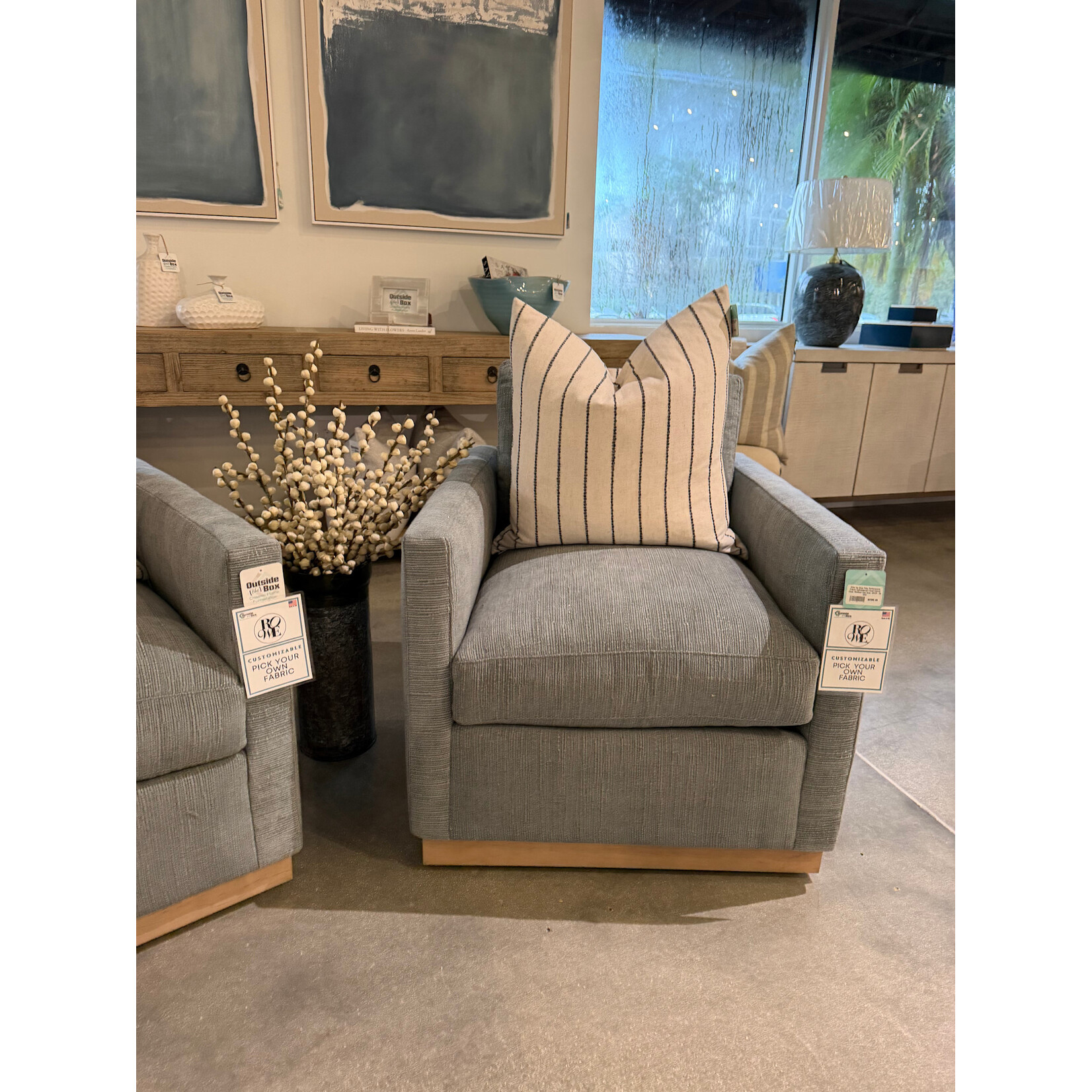 Outside The Box Allie Ice Blue Poly Performance Fabric Upholstered Cloud Swivel Chair Washed Oak Base 12816-34 (AA)