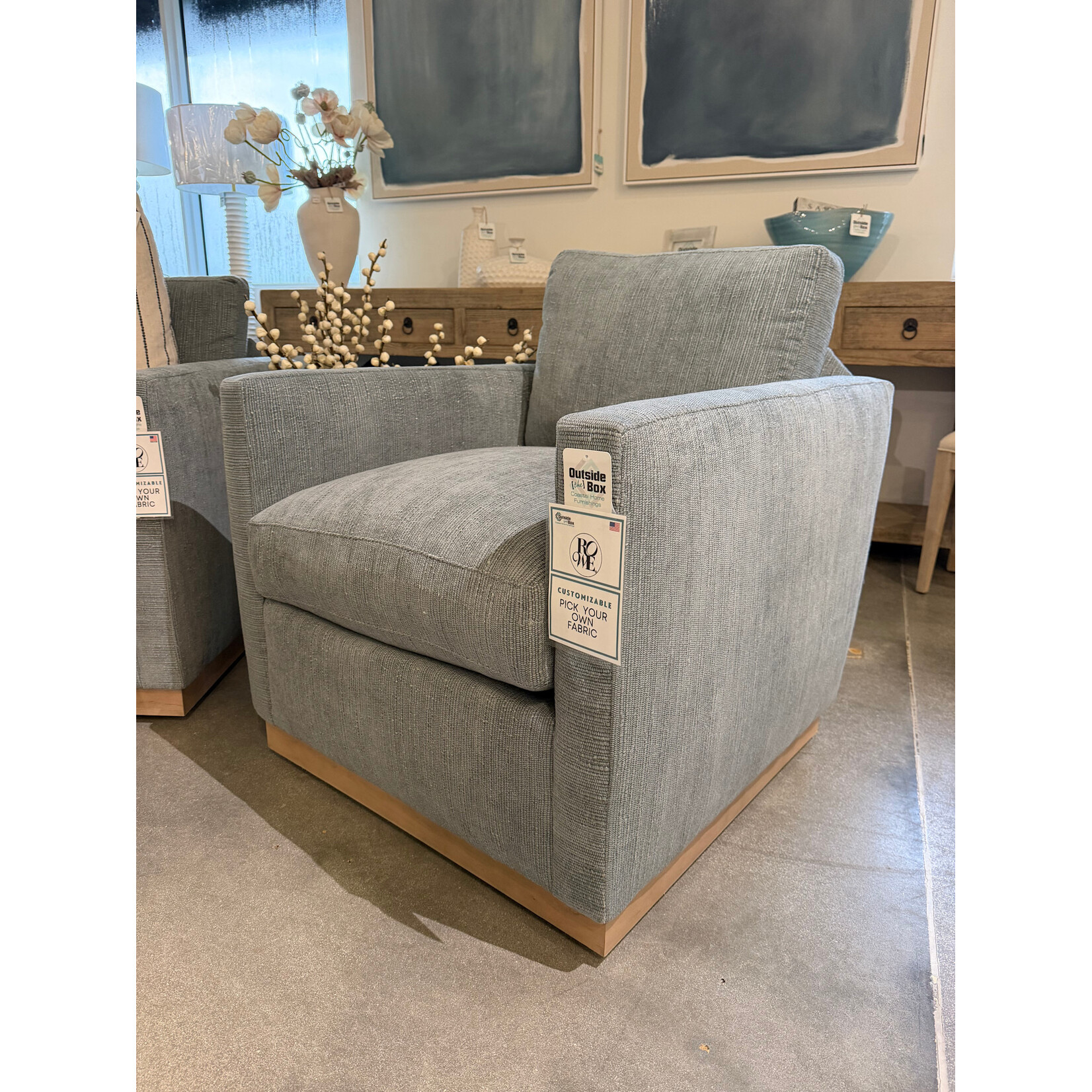 Outside The Box Allie Ice Blue Poly Performance Fabric Upholstered Cloud Swivel Chair Washed Oak Base 12816-34 (AA)