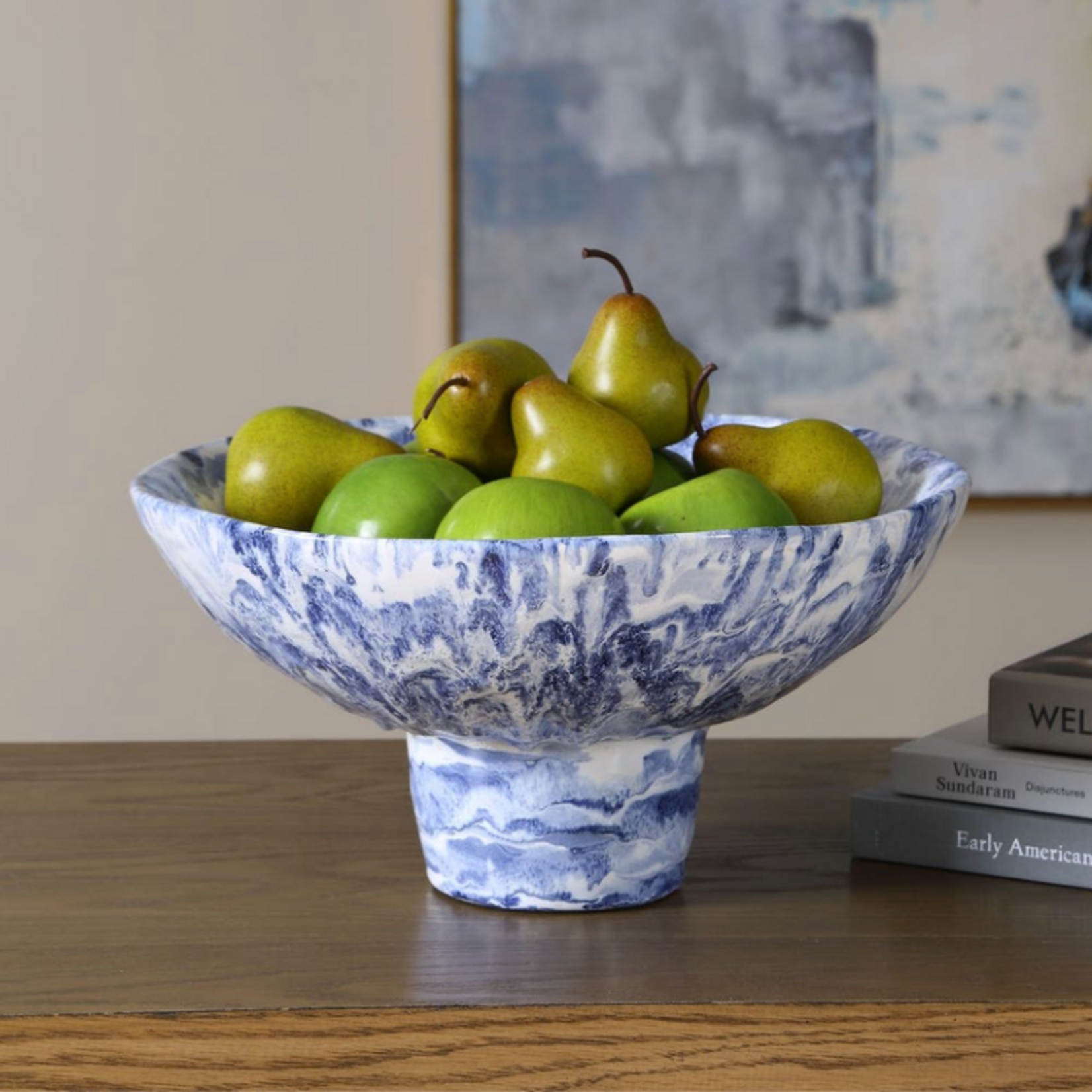 Outside The Box 14" Indigo Blue & White Marblized Ceramic Pedestal Bowl