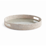 Outside The Box 18" Burma Whitewash Rattan & Glass Insert Round Serving Trays