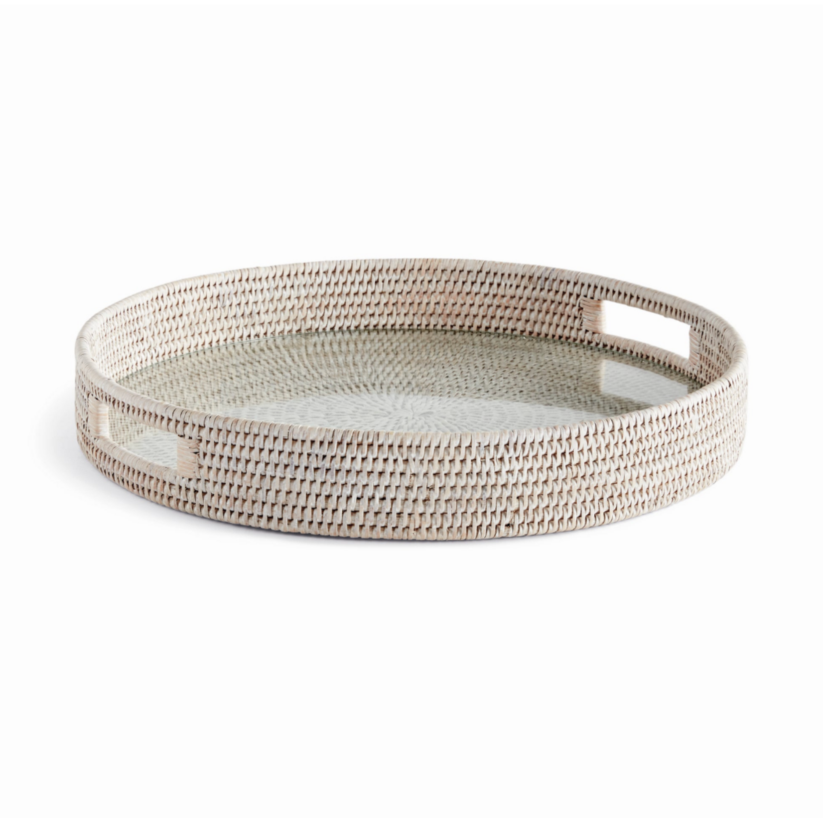 Outside The Box 18" Burma Whitewash Rattan & Glass Insert Round Serving Trays