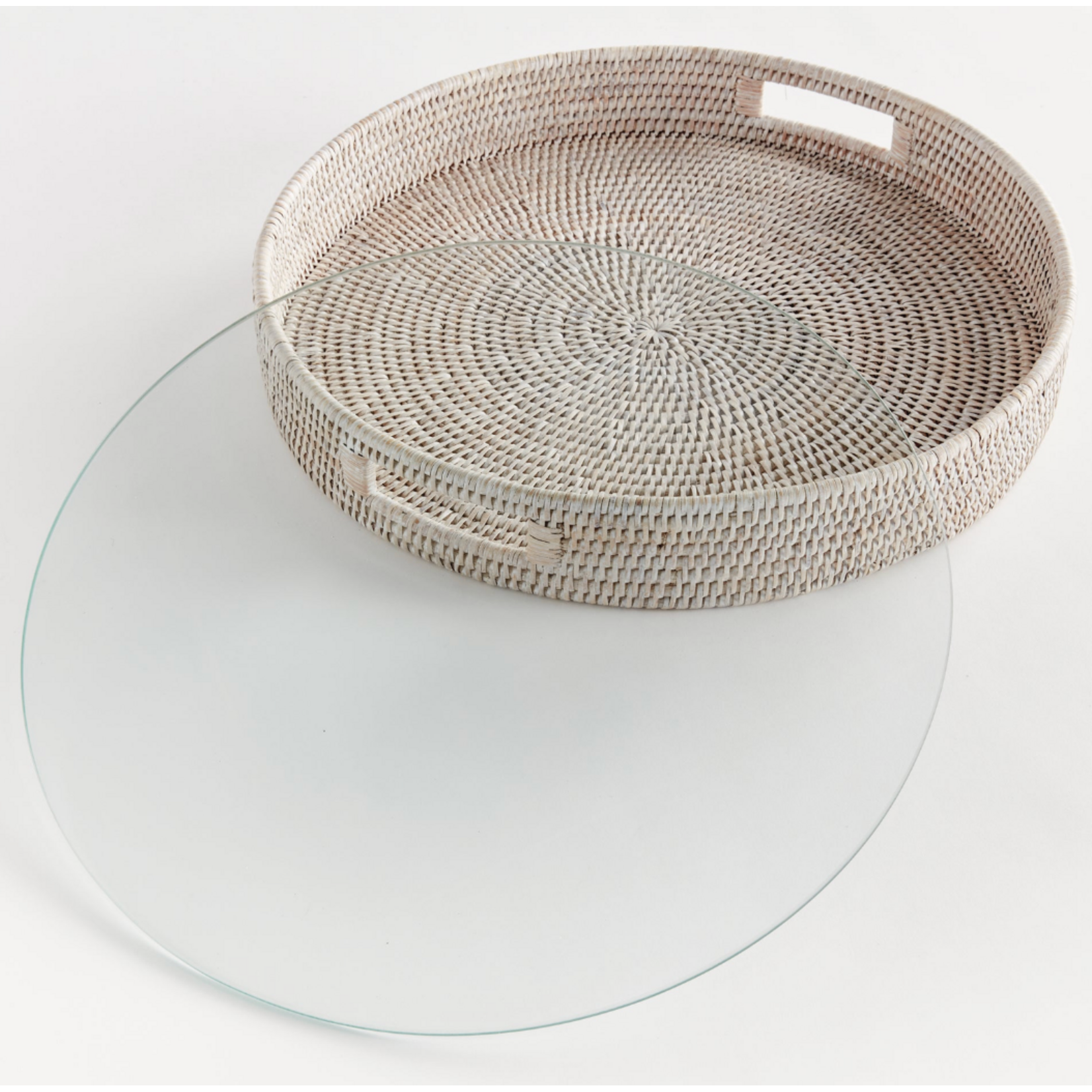 Outside The Box 18" Burma Whitewash Rattan & Glass Insert Round Serving Trays