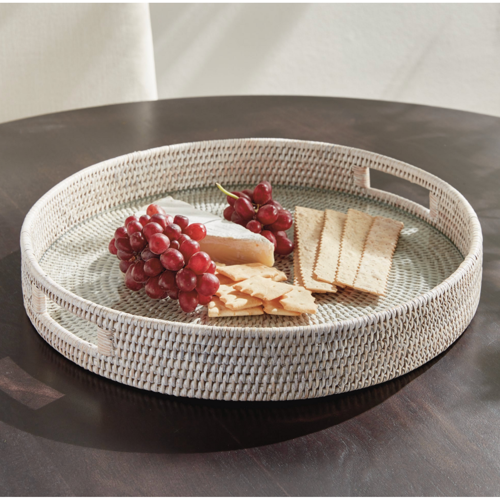 Outside The Box 18" Burma Whitewash Rattan & Glass Insert Round Serving Trays