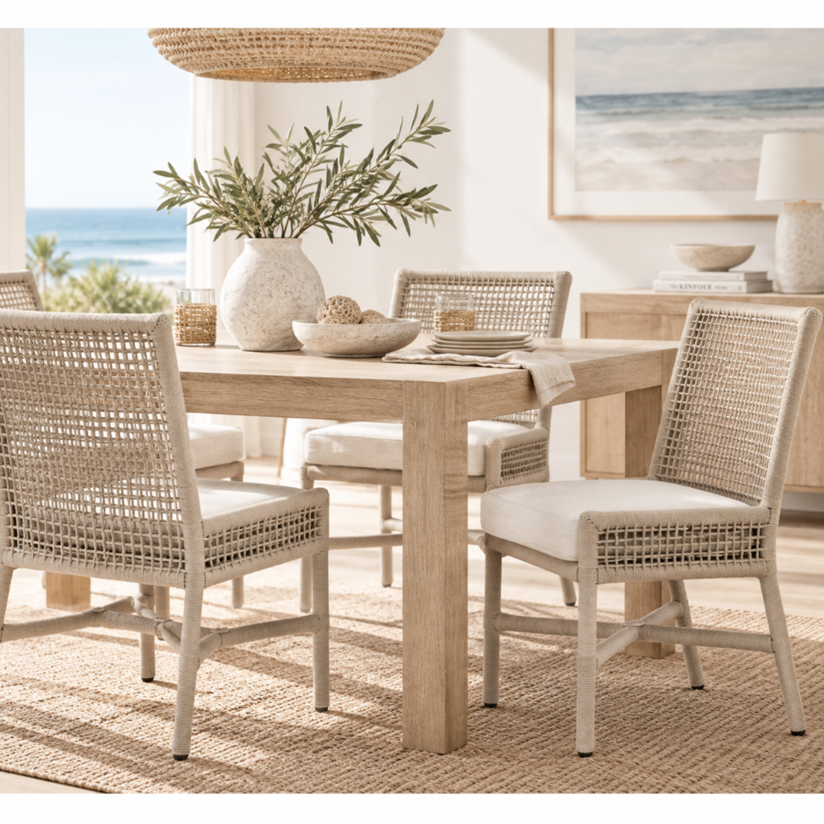 Outside The Box Seaside Oyster Rope & White Speckled Performance Fabric Indoor / Outdoor Dining Chair