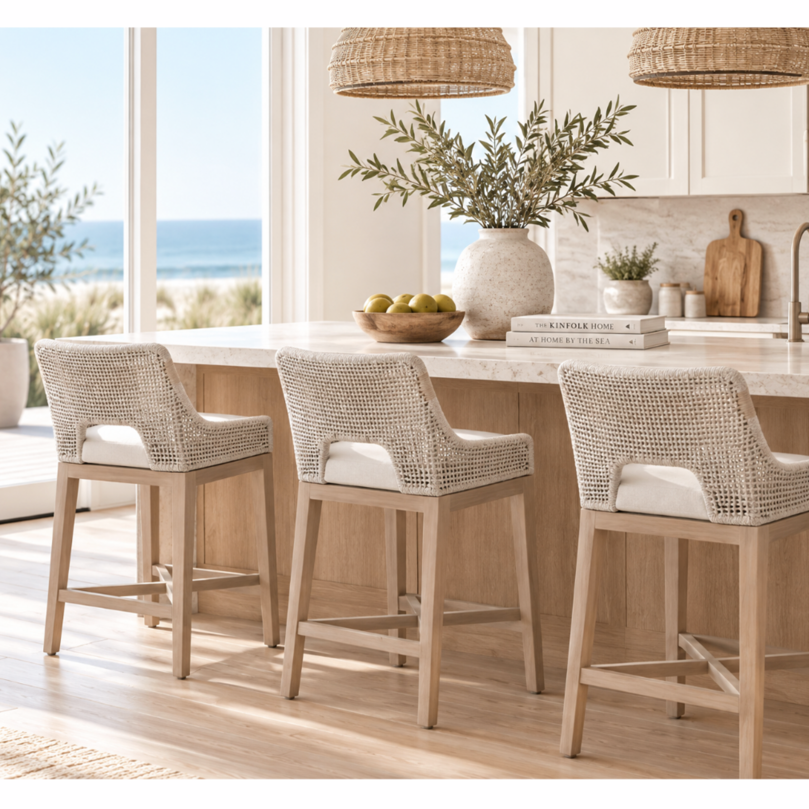 Outside The Box 27" Essentials For Living Tapestry Taupe & White Rope Indoor / Outdoor Washed Ever Teak Counter Stool