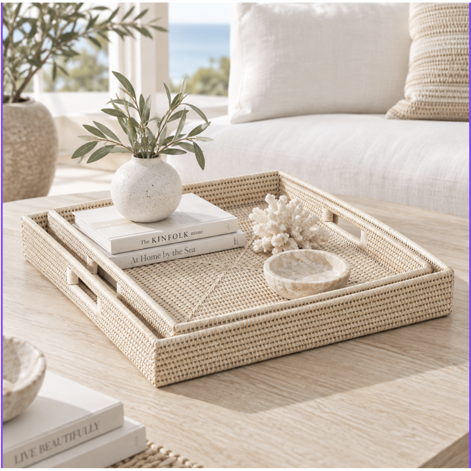 Outside The Box 22x22 Burma Whitewashed Rattan Square Serving Tray