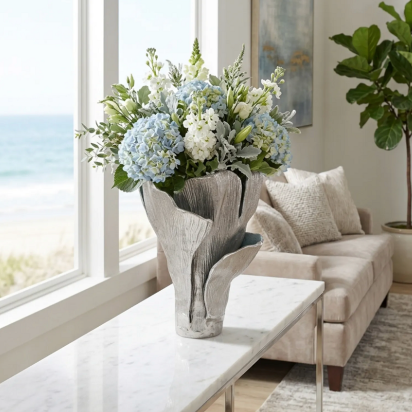 Outside The Box 17" Eaton Silver & Blue Metal Petal Vase