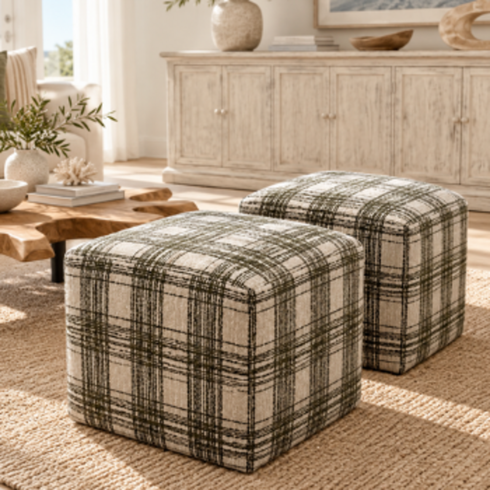 Outside The Box 18x18 Joie Ireland Green Plaid Ottoman
