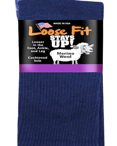 Loose Fit Stays Up No.582 Navy Merino Wool Crew Sock, Navy - Medium