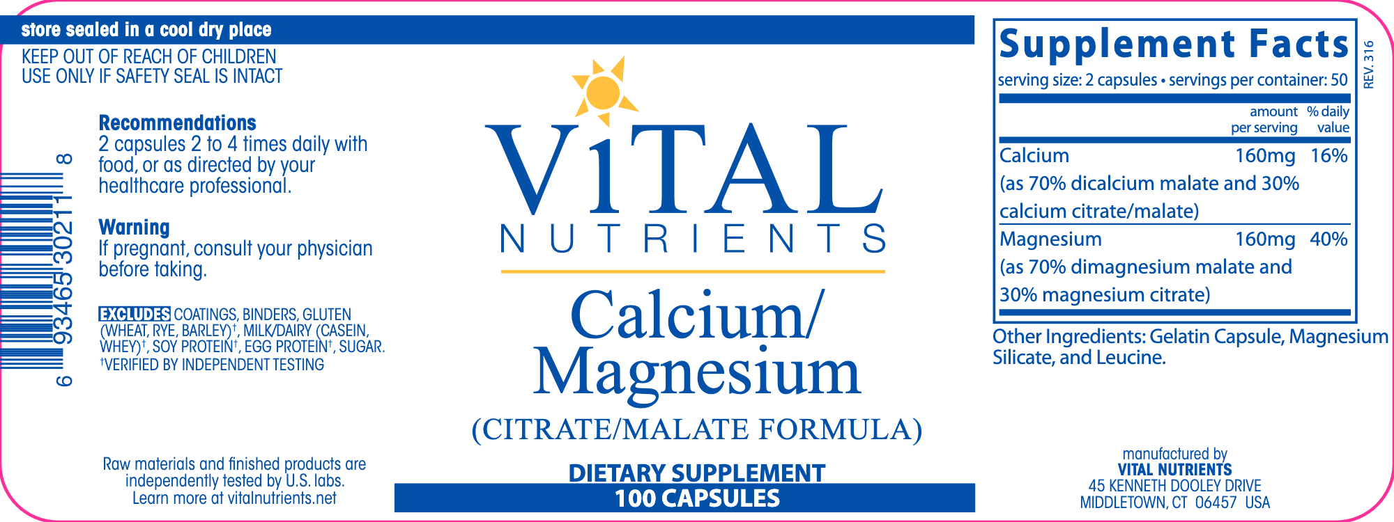Vital Nutrients Calcium / Magnesium Malate 100 caps