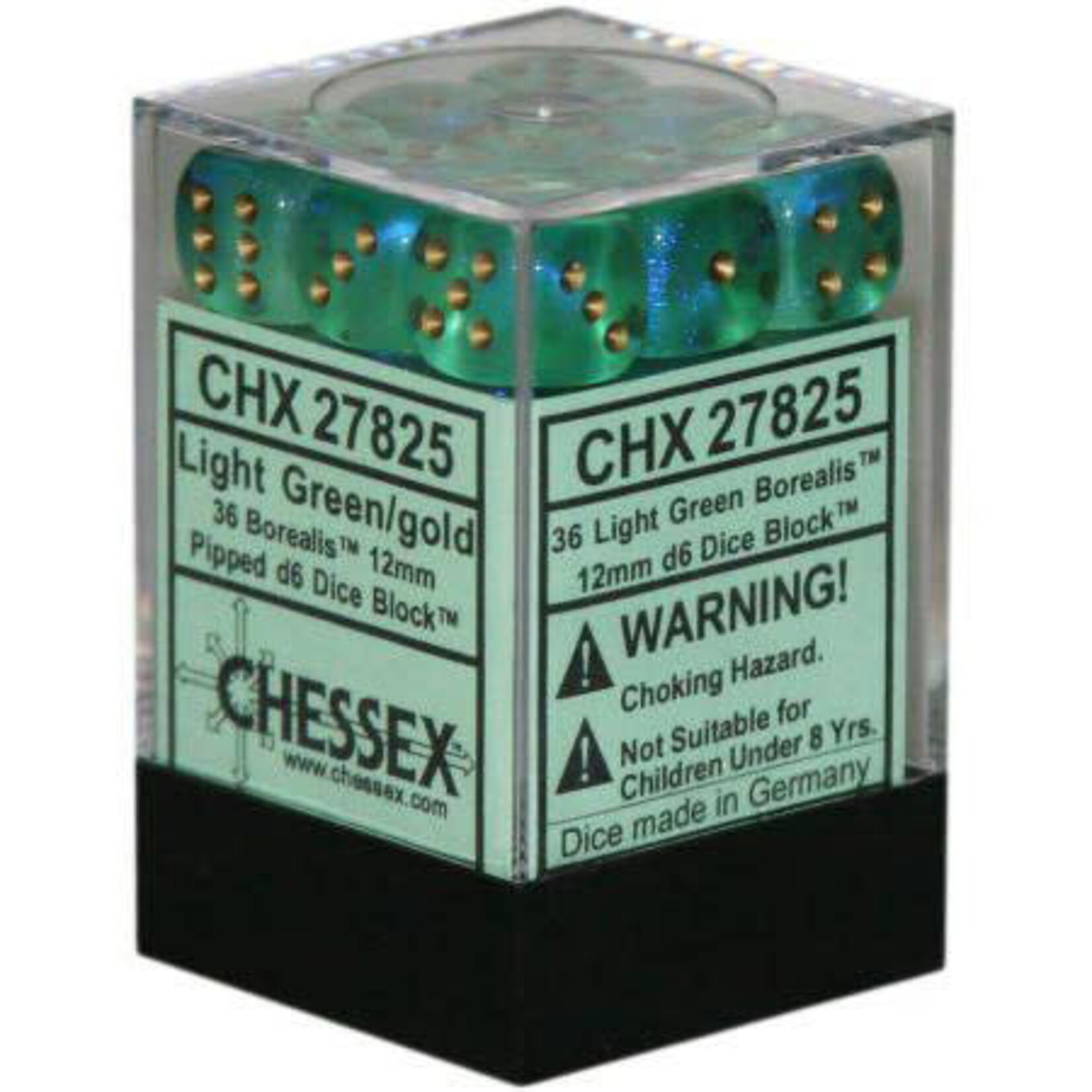 Chessex Borealis® 12mm d6 Light Green/gold Luminary™ Dice Block™ (36 dice)