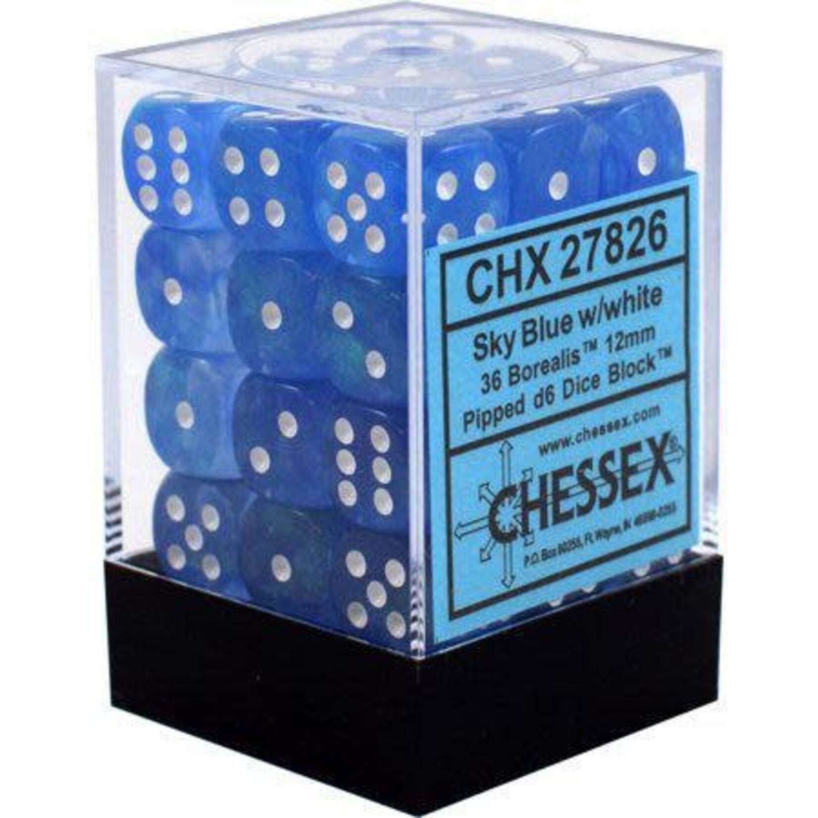 Chessex Borealis Sky Blue/white Luminary 12mm d6 Dice Block (36 dice)