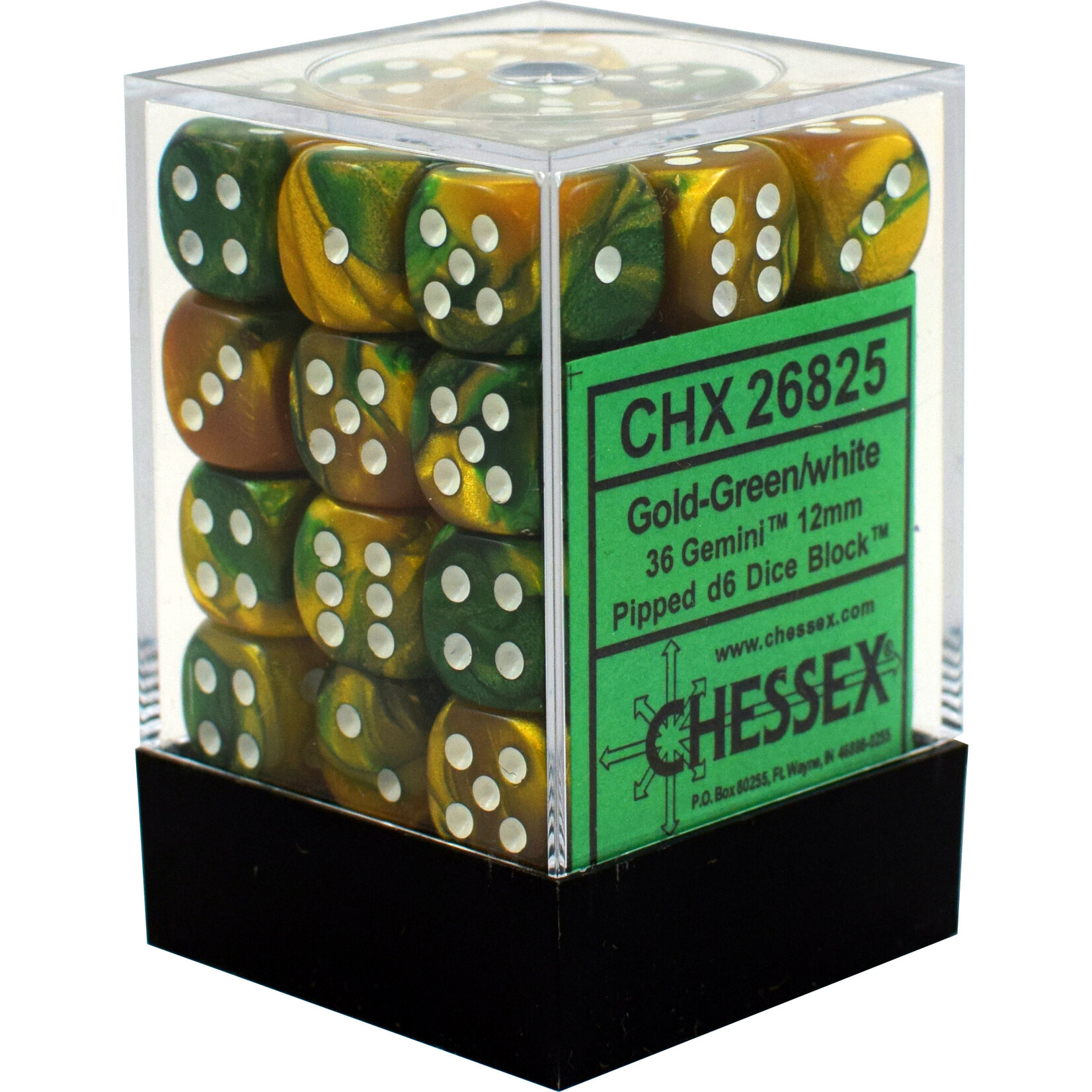 Chessex Gemini: 12mm D6 Gold Green/White (36)
