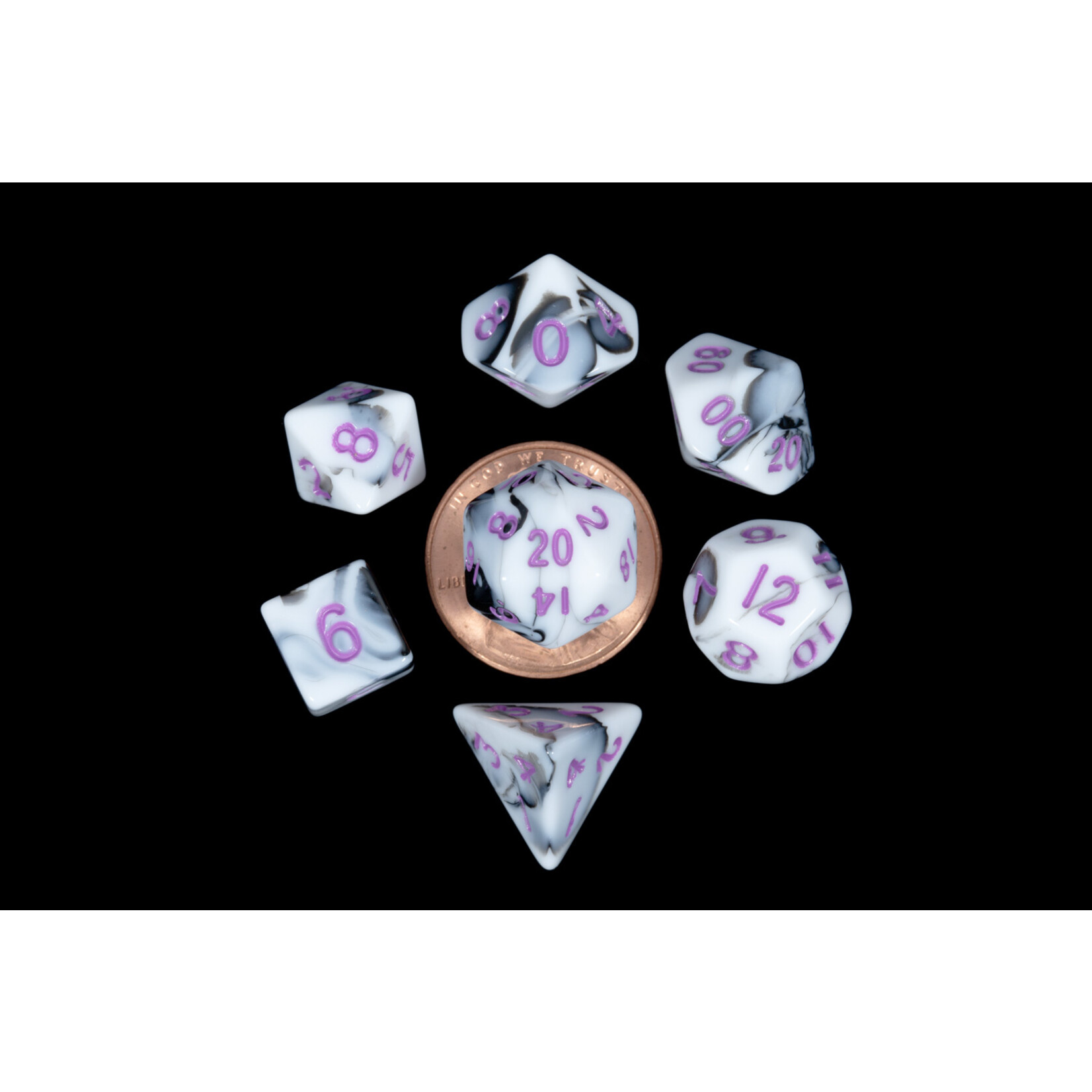 Metallic Dice Games Mini Polyhedral Dice Set: Marble with Purple Numbers