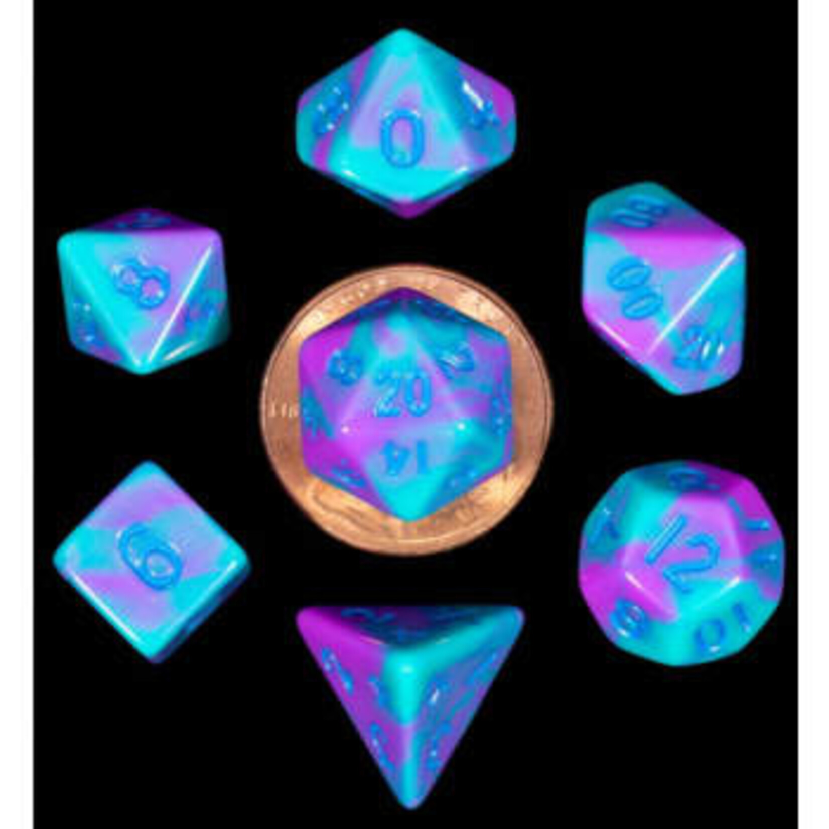 Metallic Dice Games Mini Polyhedral Dice Set: Purple/Teal with Blue Numbers