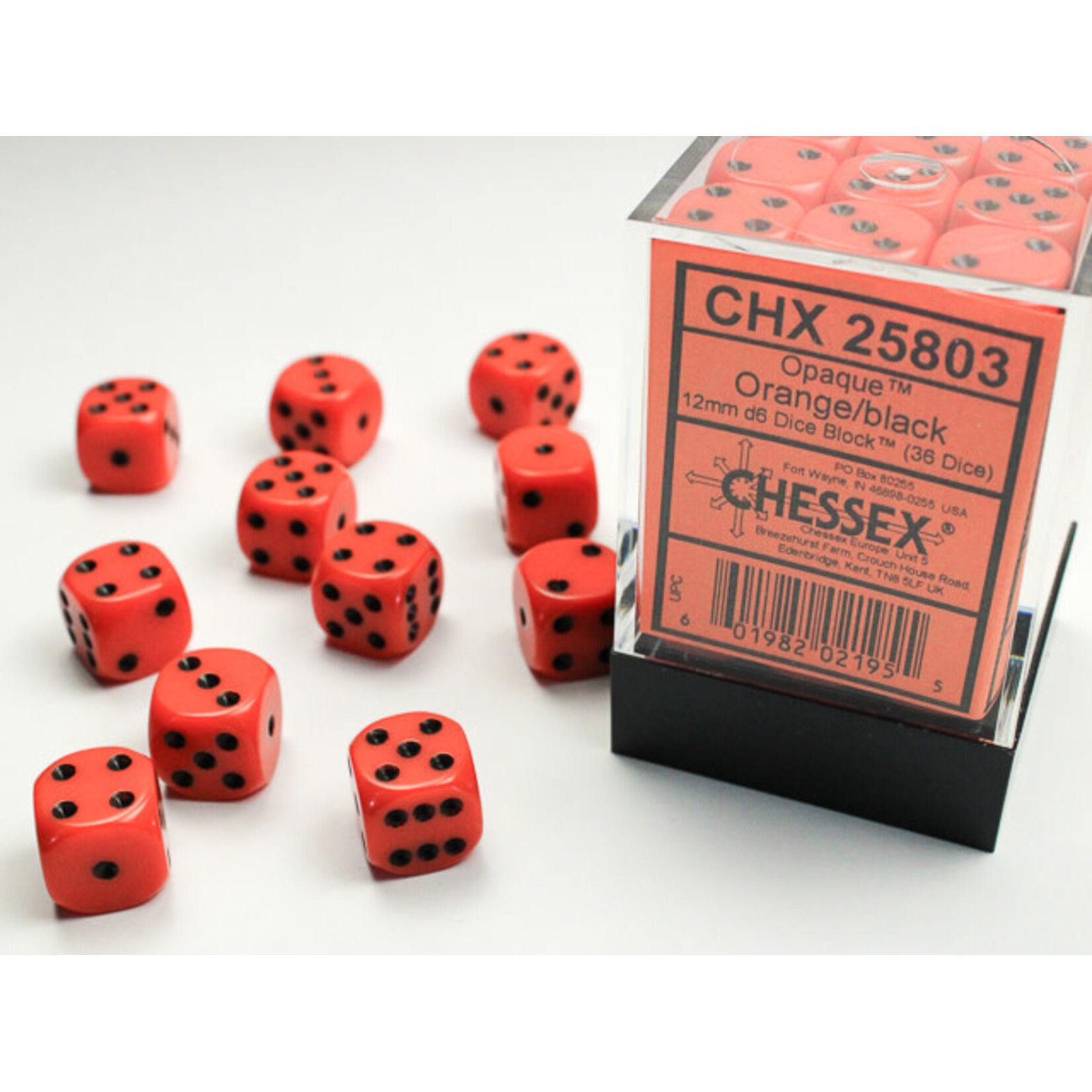 Chessex Opaque Orange/black 12mm d6 Dice Block (36 dice)