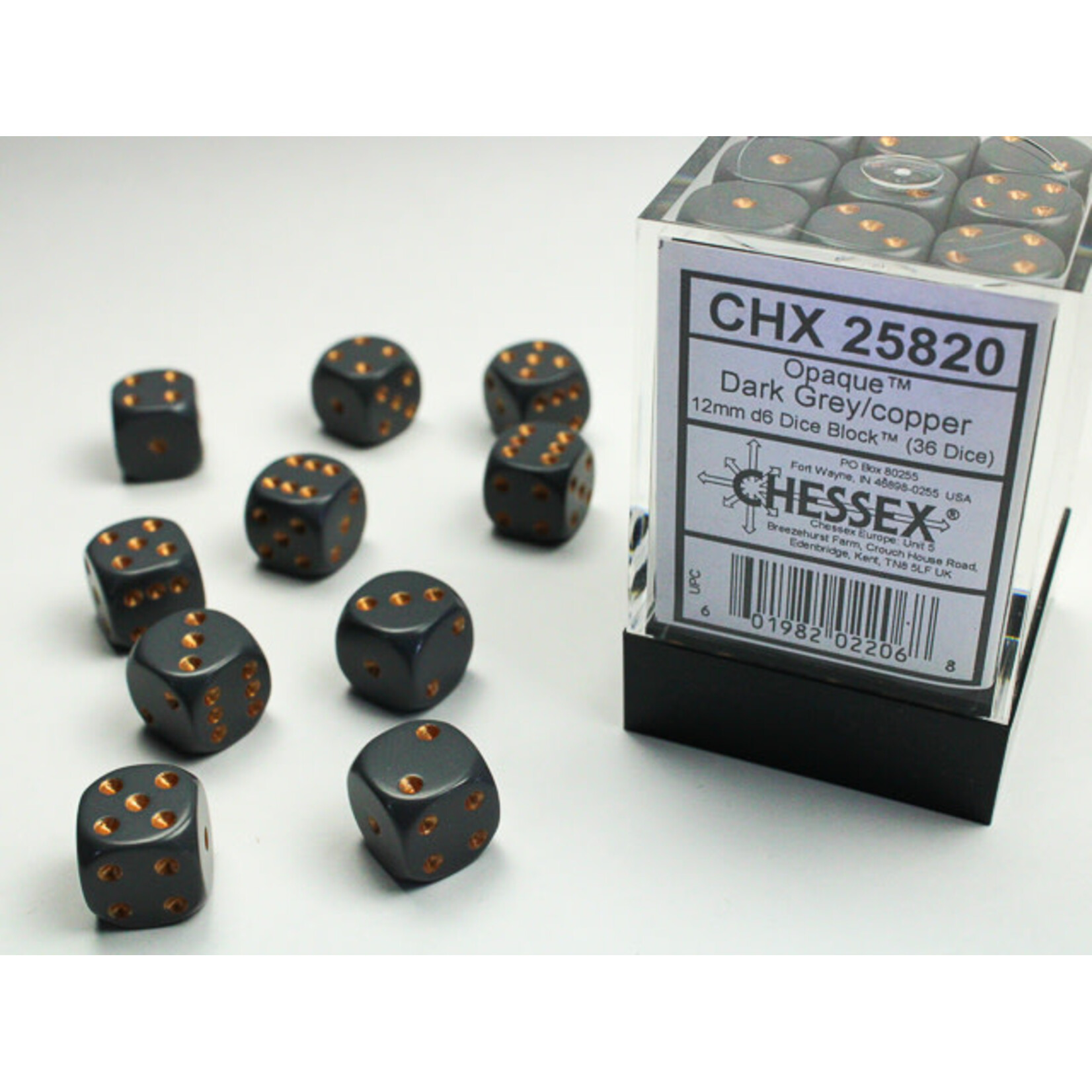 Chessex Opaque Dark Grey/copper 12mm d6 Dice Block (36 dice)