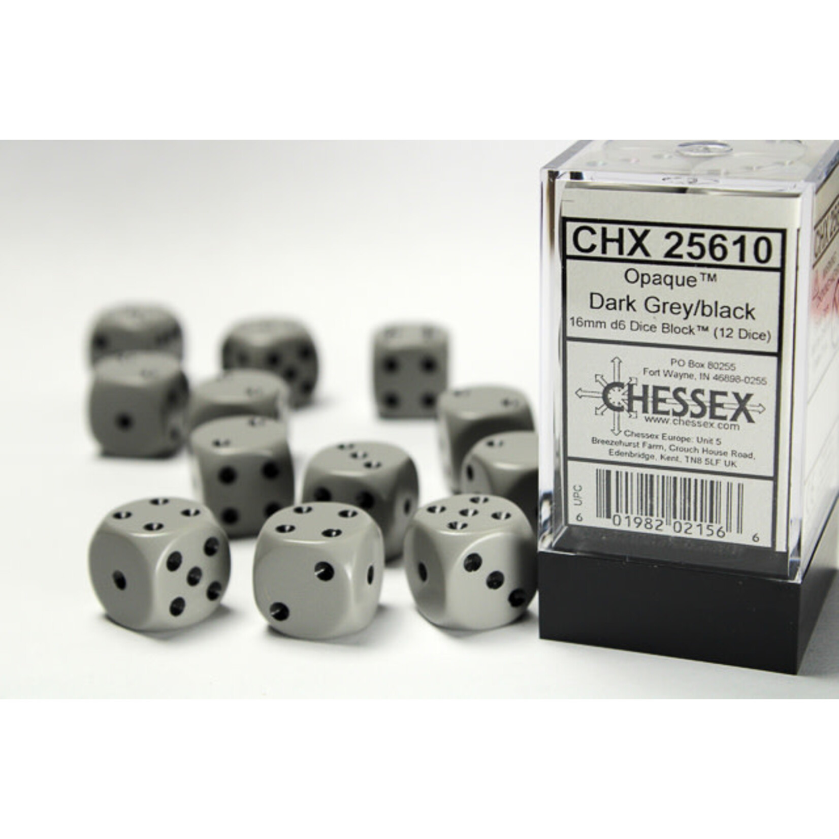 Chessex Opaque Dark Grey/black 16mm d6 Dice Block (12 dice)