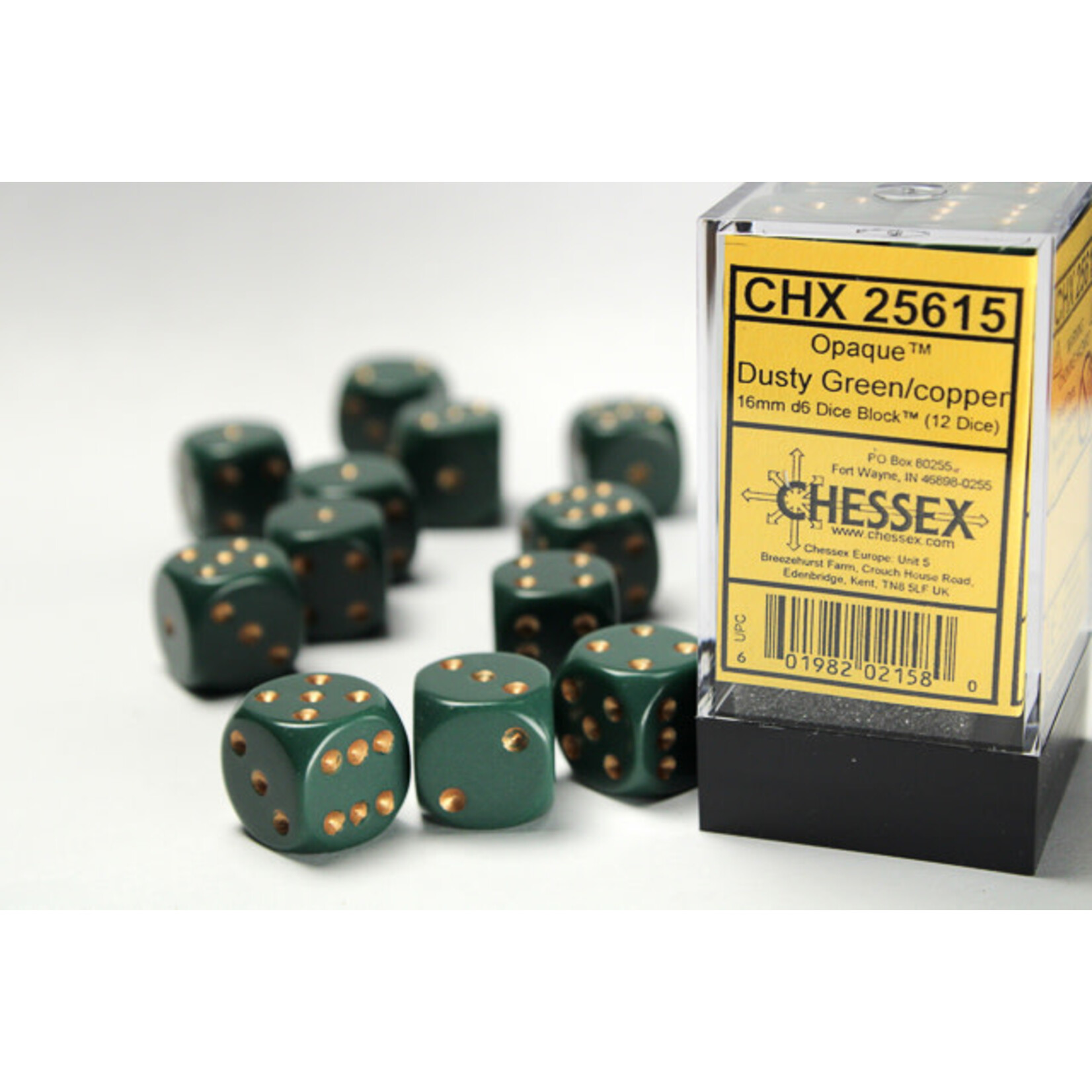 Chessex Opaque Dusty Green/copper 16mm d6 Dice Block (12 dice)