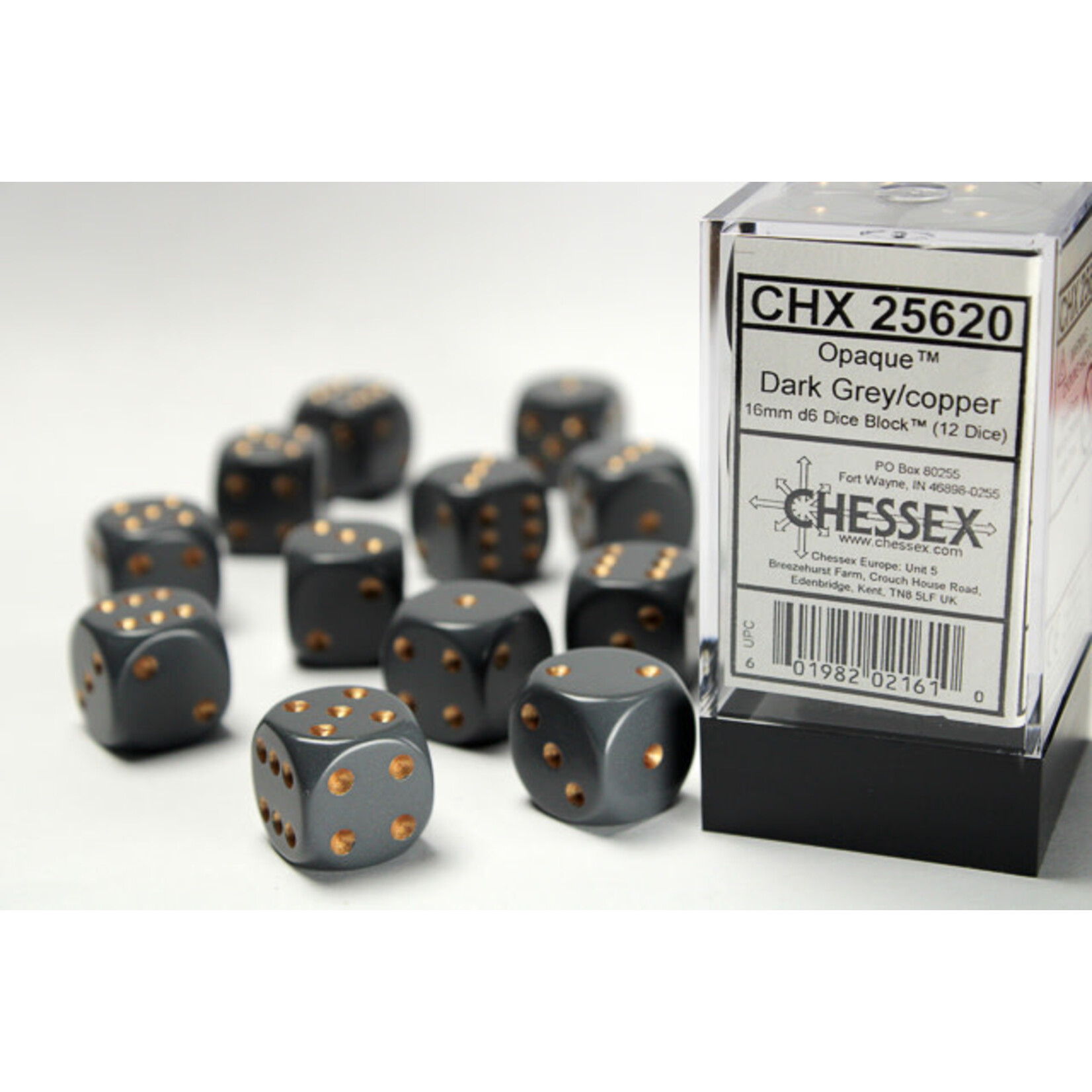 Chessex Opaque 16mm d6 Dark Grey/copper Dice Block™ (12 dice)
