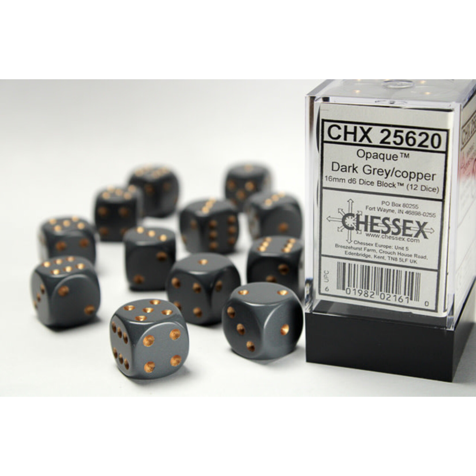 Chessex Opaque Dark Grey/copper 16mm d6 Dice Block (12 dice)