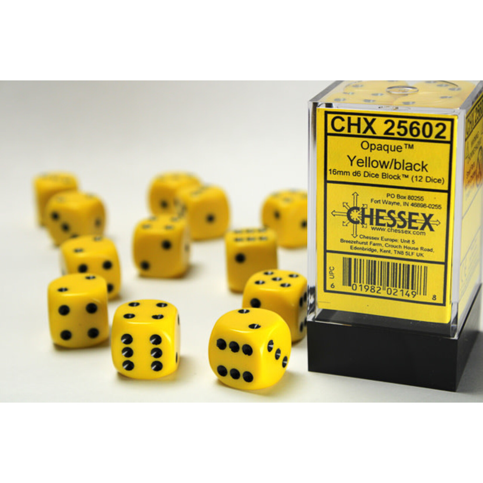 Chessex Opaque Yellow/black 16mm d6 Dice Block (12 dice)