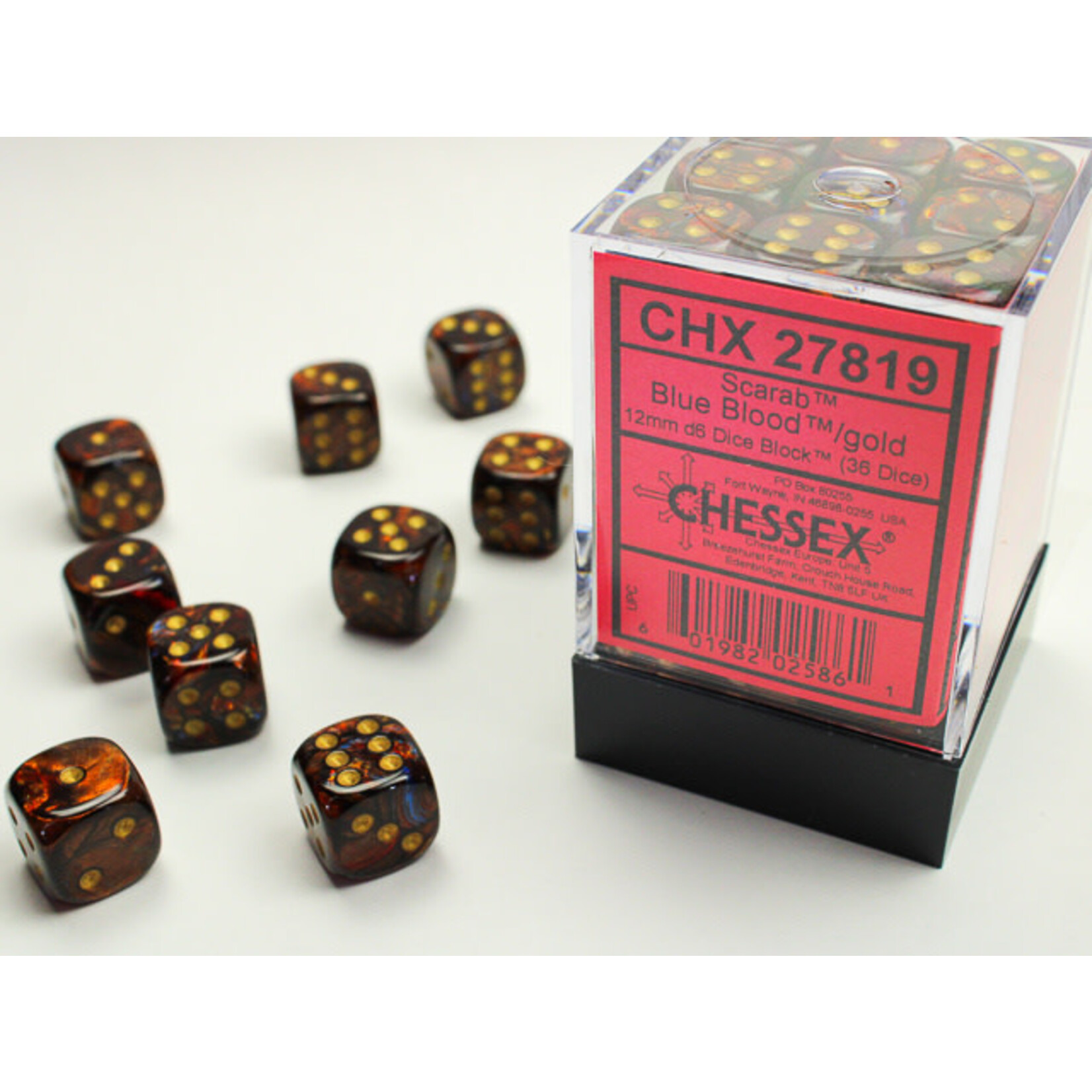 Chessex Scarab Blue Blood/gold 12mm d6 Dice Block (36 dice)