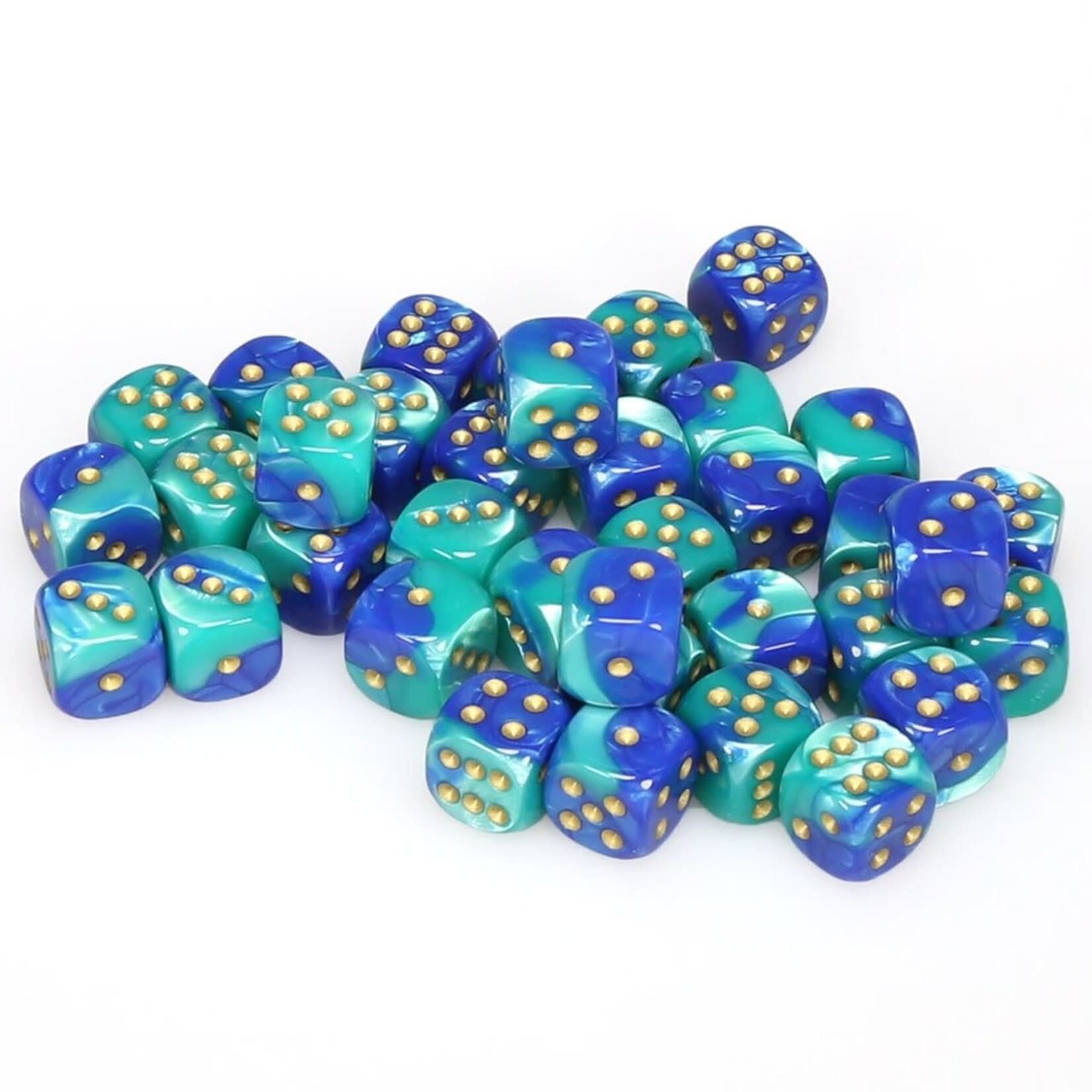Chessex Gemini Blue-Teal/gold 12mm d6 Dice Block (36 dice)