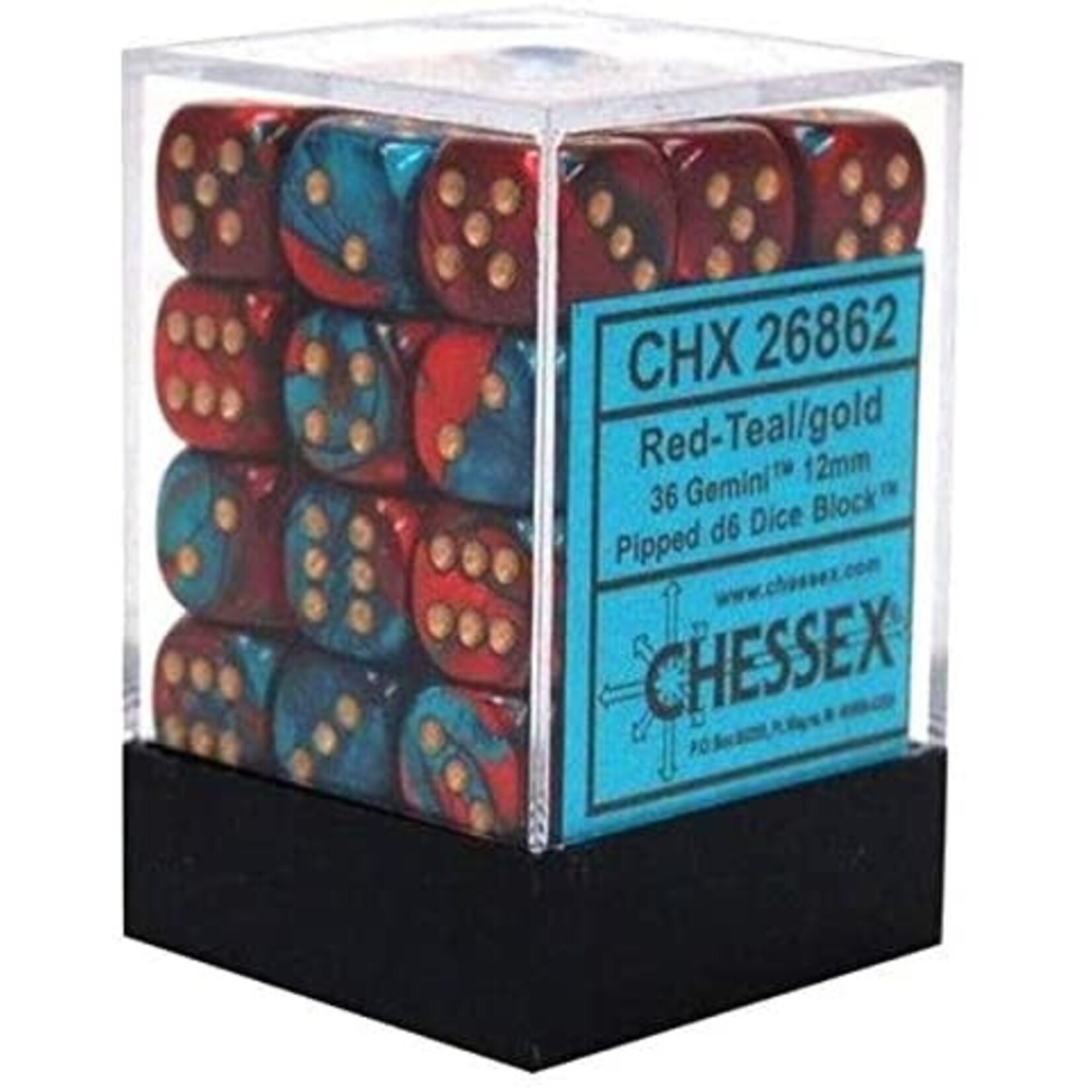 Chessex Gemini Red-Teal/gold 12mm d6 Dice Block (36 dice)
