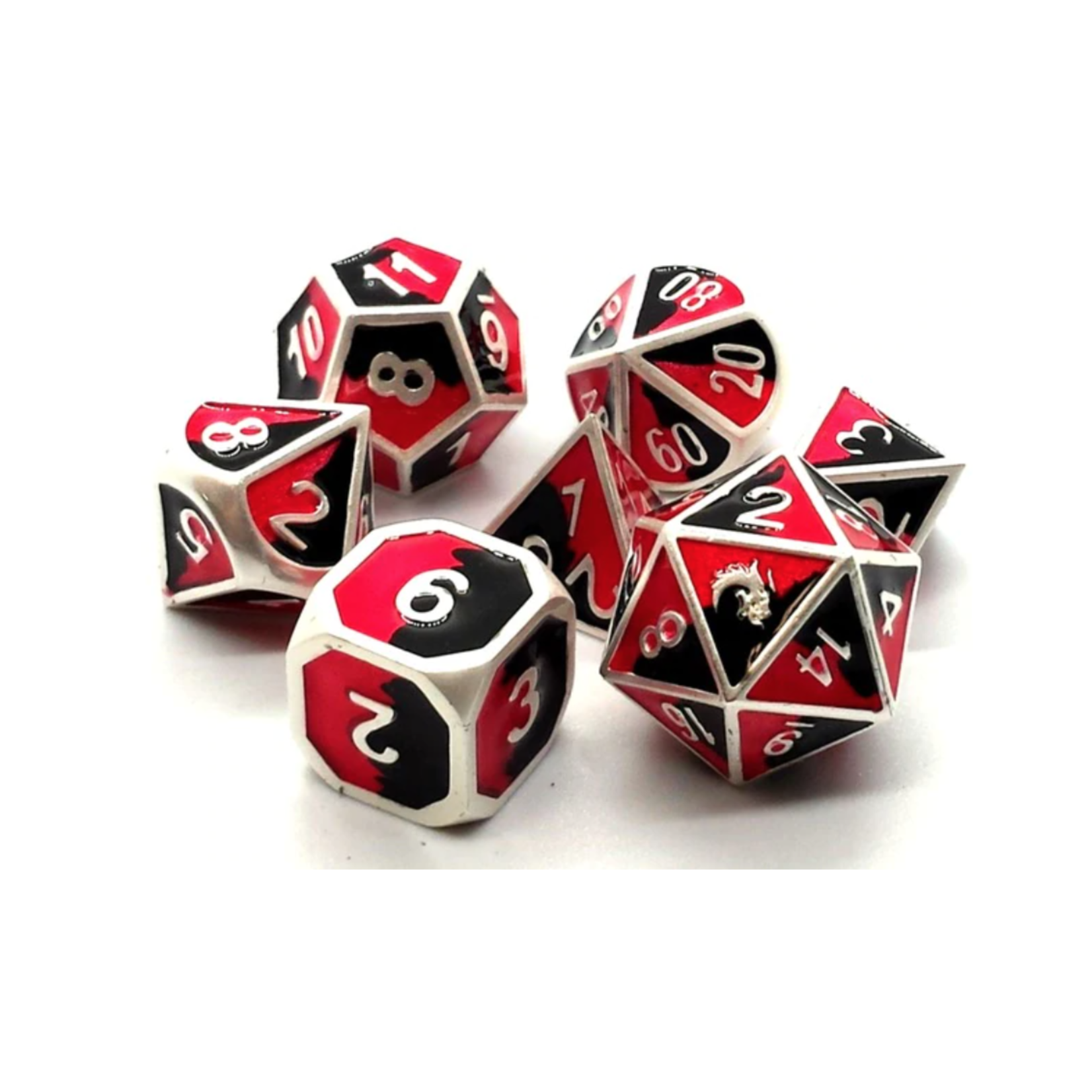 Old School Dice 7 Piece DnD RPG Metal Dice Set: Dragon Forged - Platinum Black & red