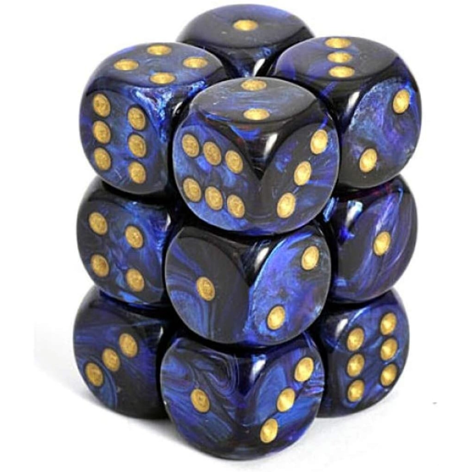 Chessex Scarab Royal Blue/gold 16mm d6 Dice Block (12 dice)
