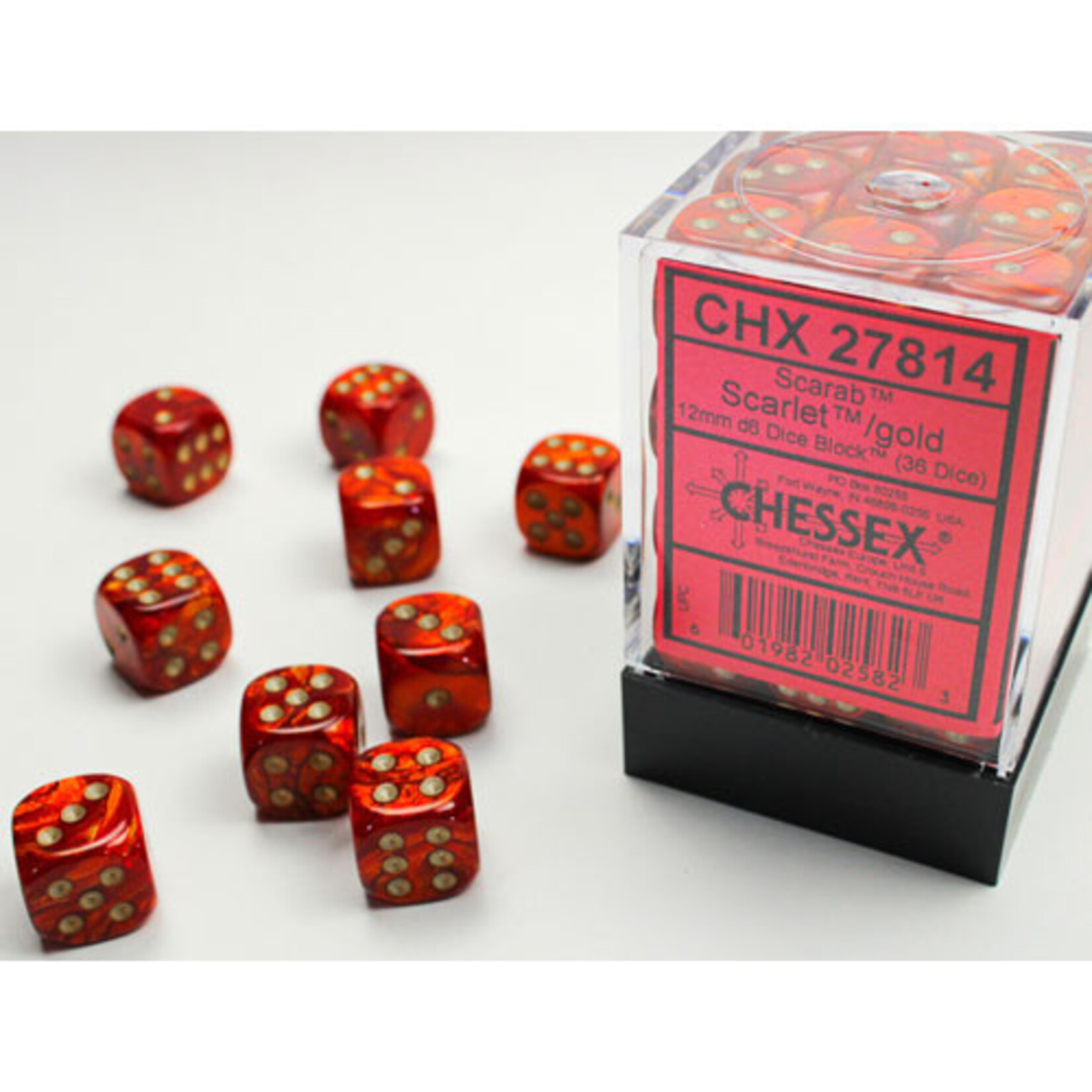 Chessex Scarab Scarlet/gold 12mm d6 Dice Block (36 dice)