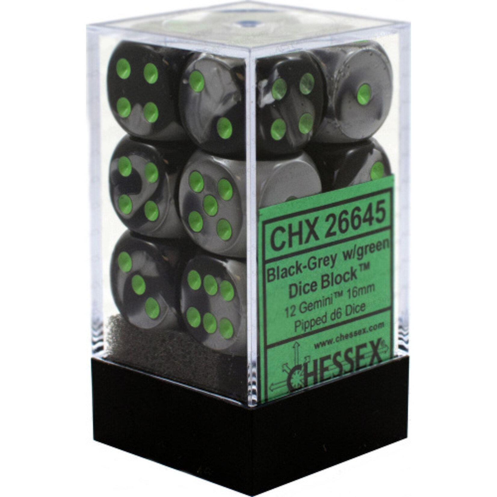 Chessex Gemini Black-Grey/green 16mm d6 Dice Block (12 dice)