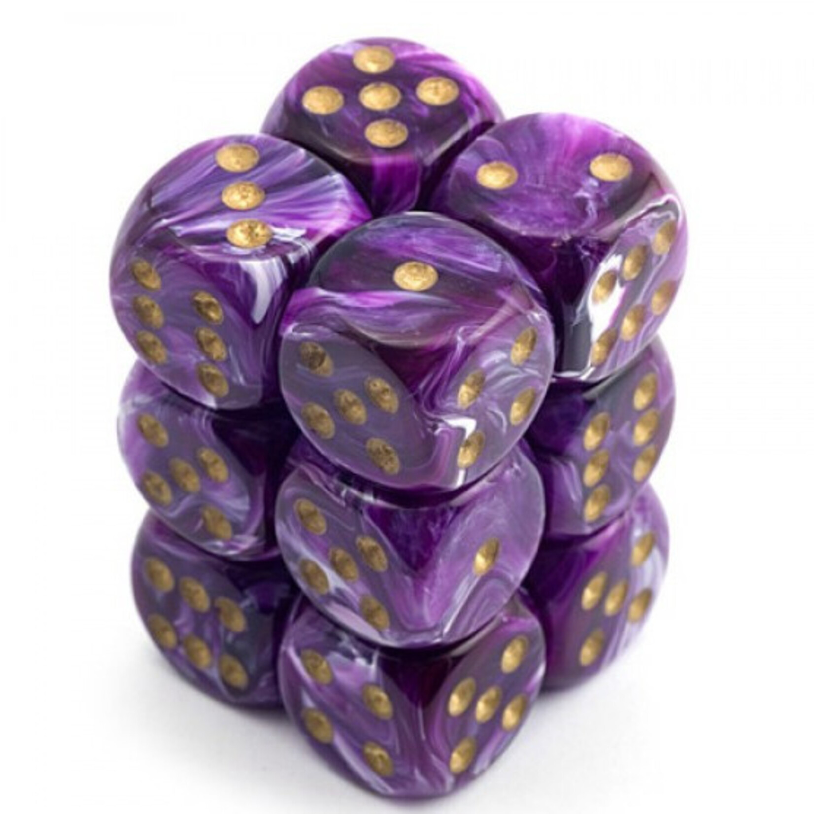 Chessex Vortex Purple/gold 16mm d6 Dice Block (12 dice)