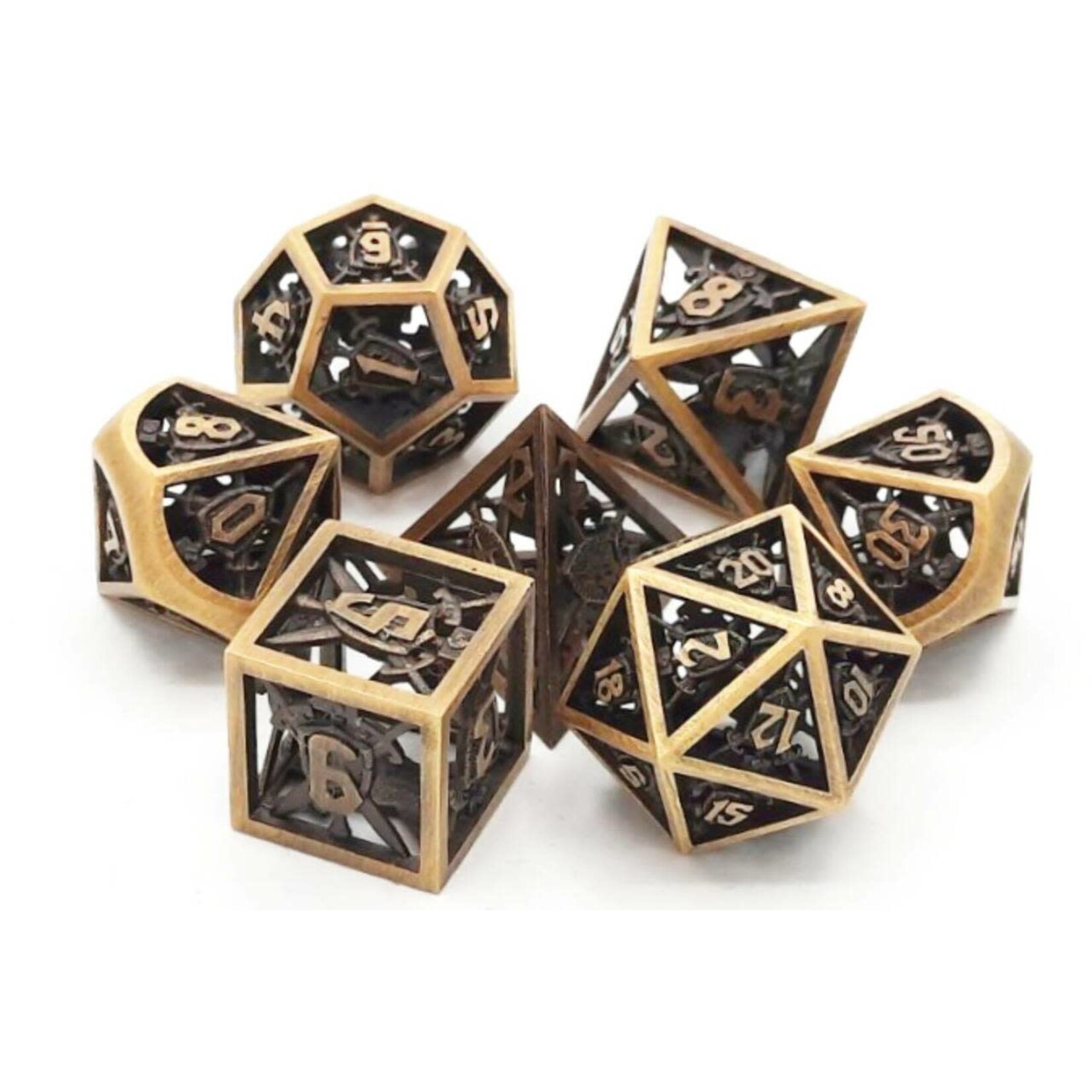 Old School Dice Old School 7 Piece DnD RPG Metal Dice Set: Hollow Sword & Shield Dice - Brushed Gold