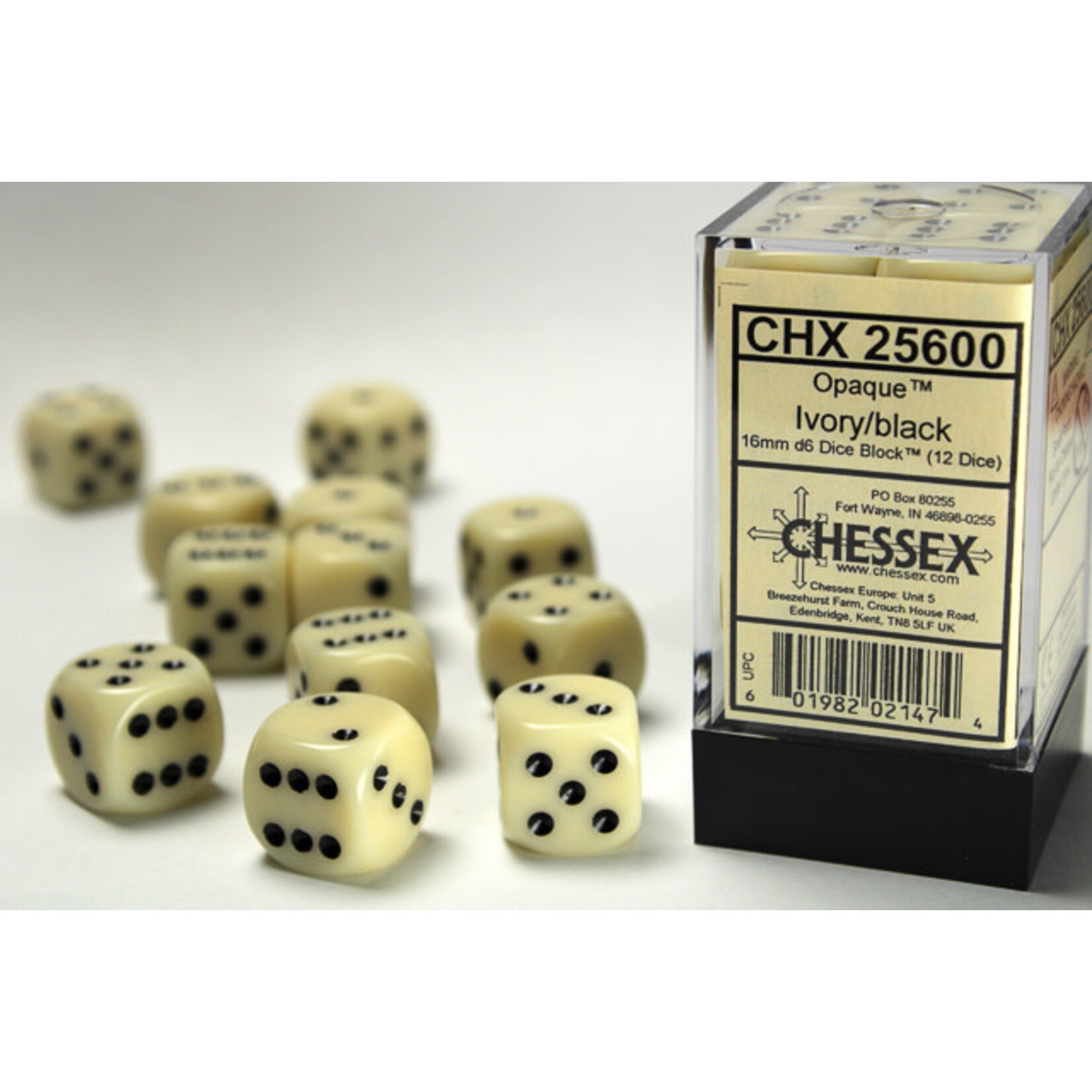 Chessex Opaque Ivory/black 16mm d6 Dice Block (12 dice)