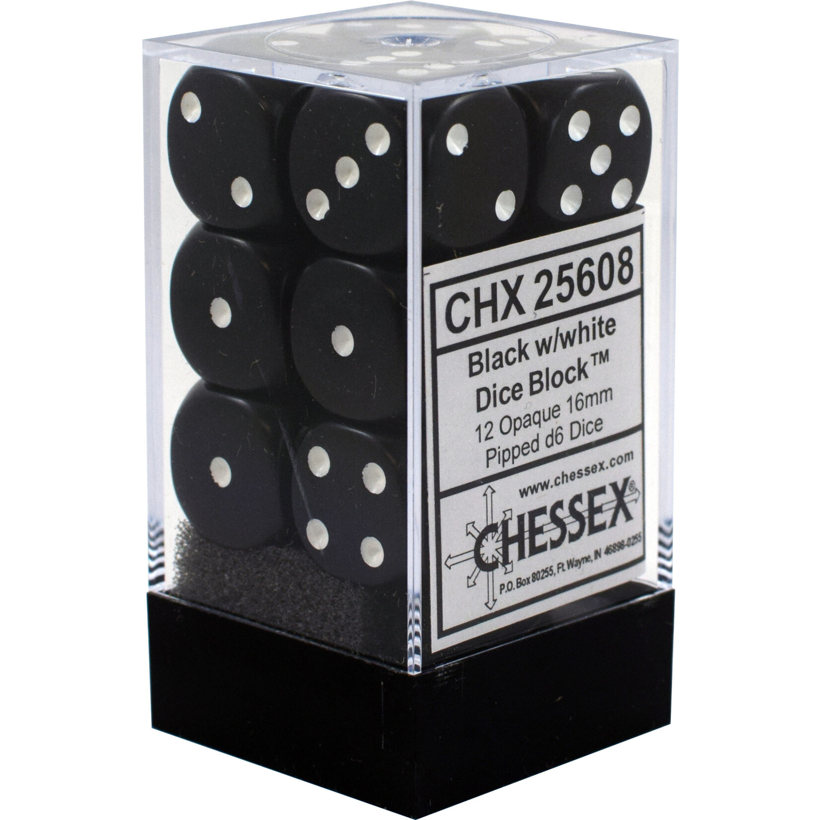 Chessex Opaque Black/white 16mm d6 Dice Block (12 dice)