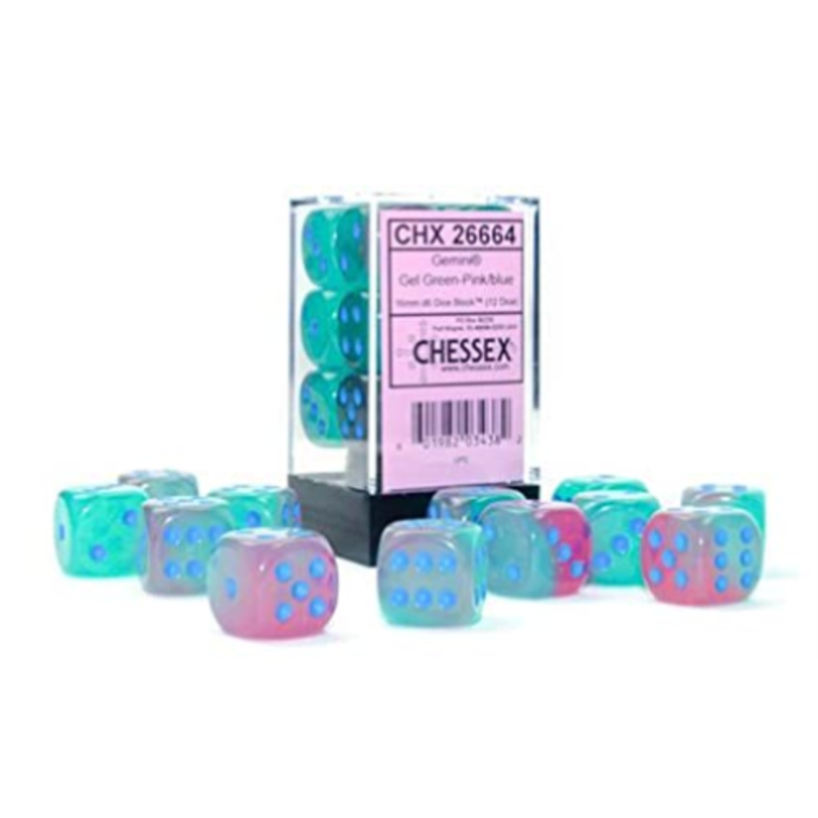 Gemini Gel Green-Pink/blue Luminary 16mm d6 Dice Block (12 dice)