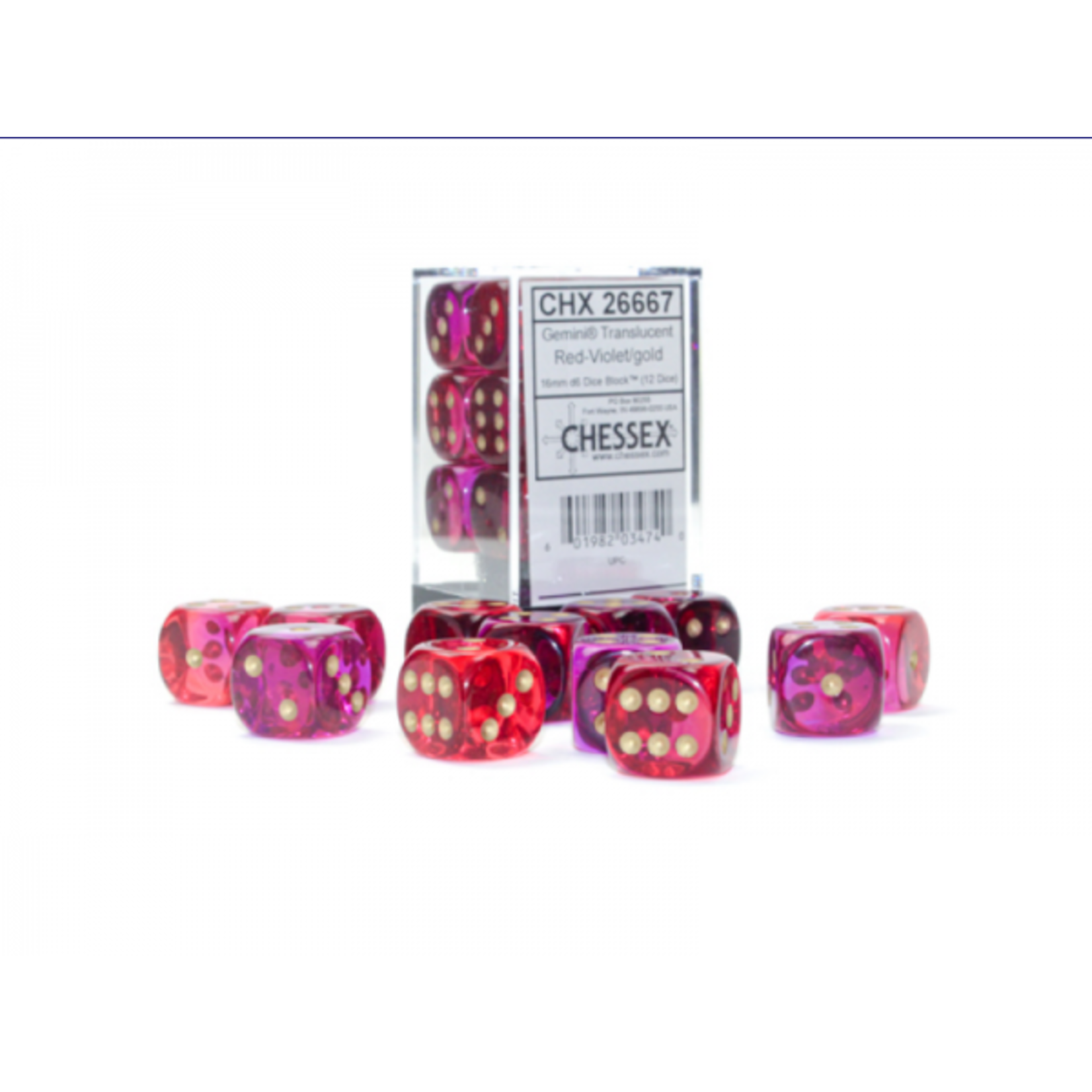 Gemini Translucent Red-Violet/gold 16mm d6 Dice Block (12 dice)