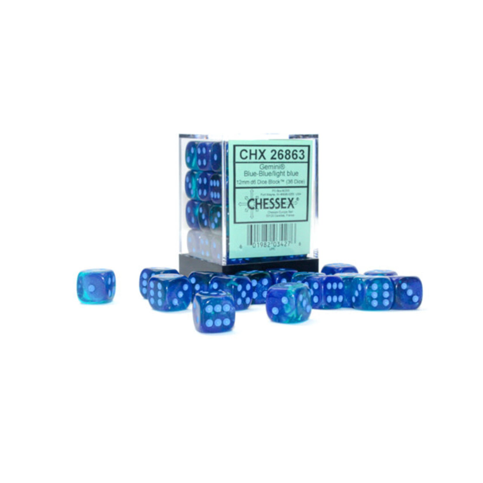 Chessex Gemini Blue-Blue/light blue Luminary 12mm d6 Dice Block (36 dice)