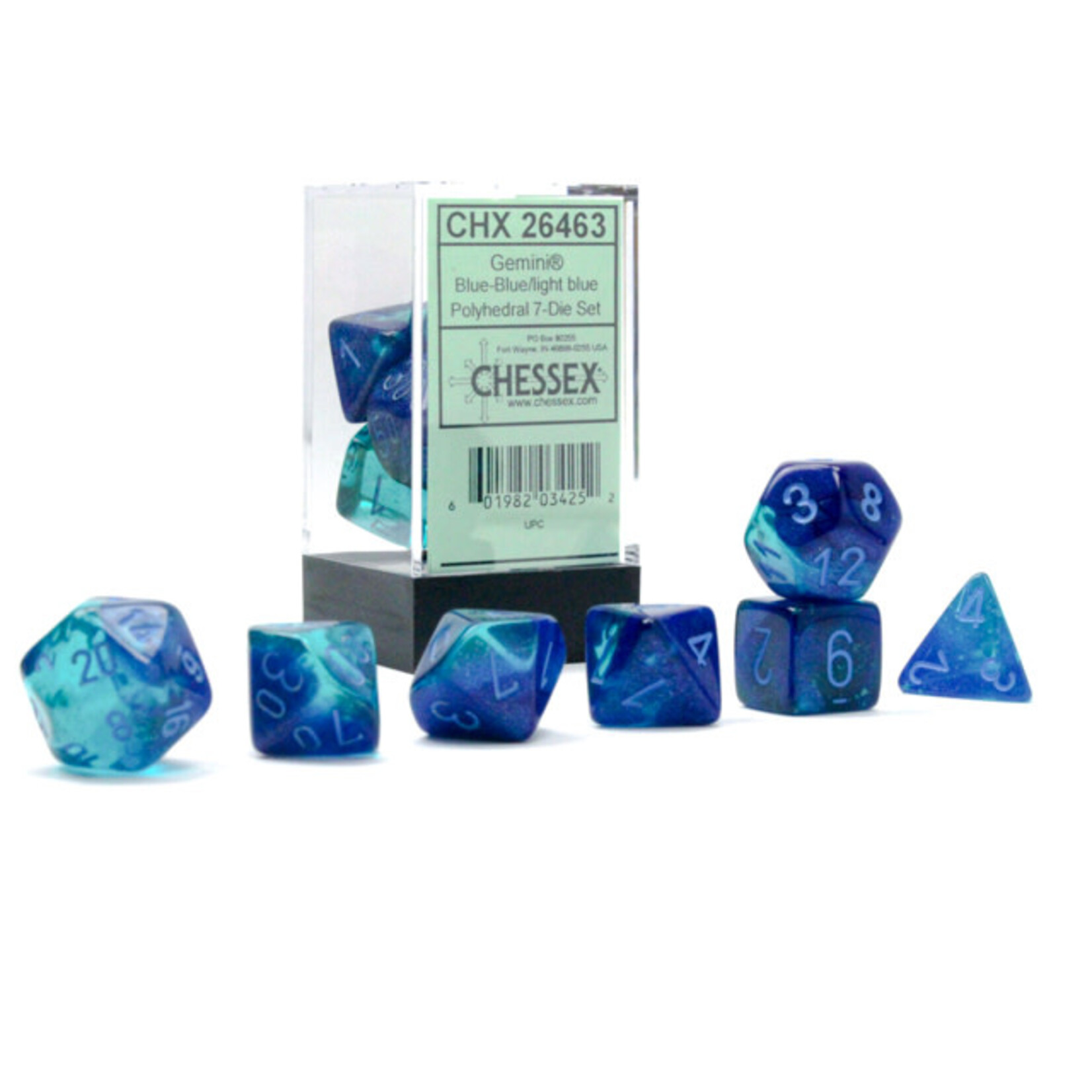 Gemini Blue-Blue/light blue Luminary Polyhedral 7-Dice Set