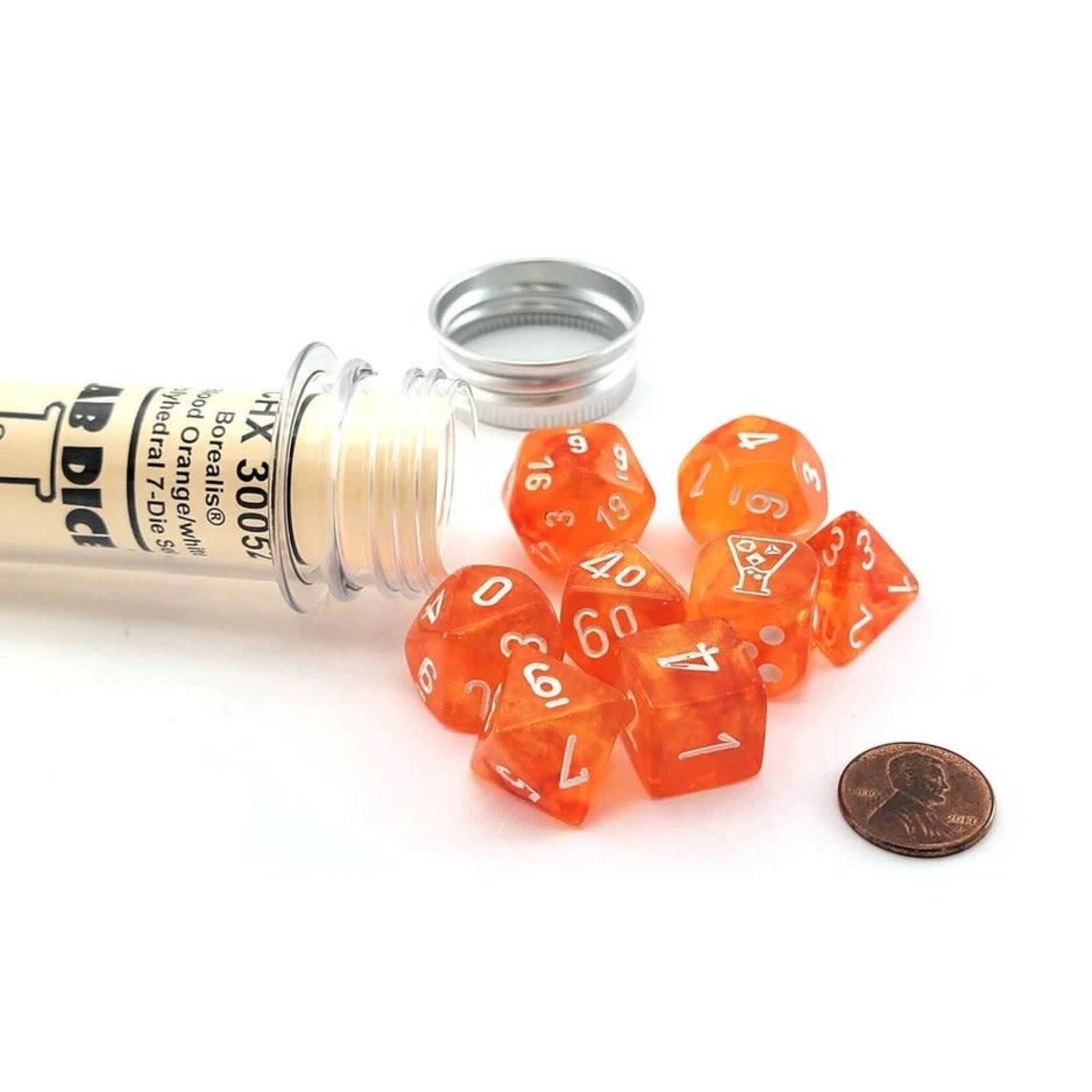 Chessex Borealis Blood Orange/white Luminary Polyhedral 7-Dice Set (with bonus die)