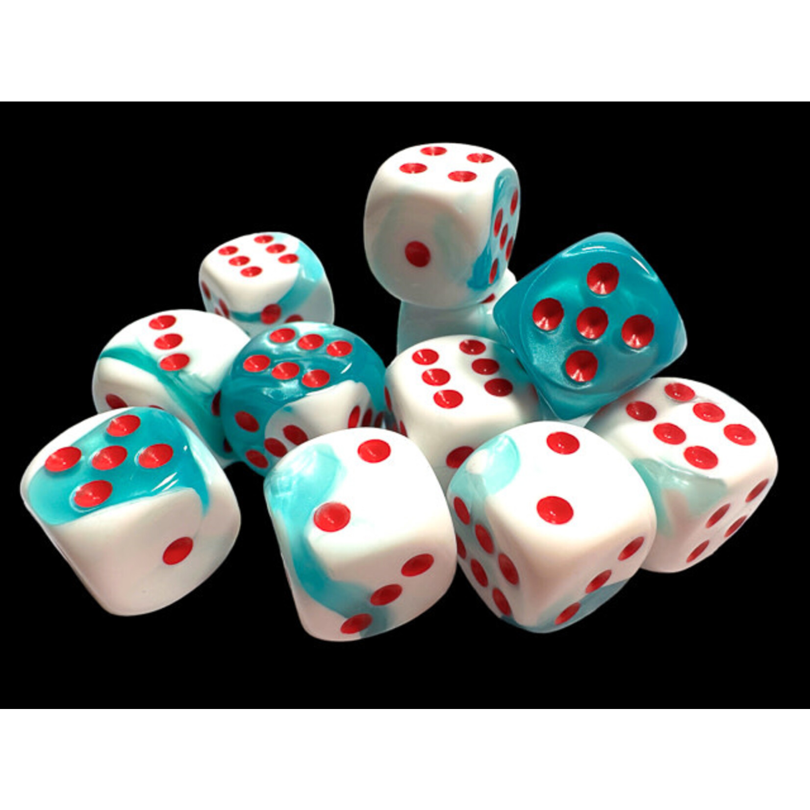 Chessex Gemini Teal-White/red 16mm d6 Dice Block (12 dice)