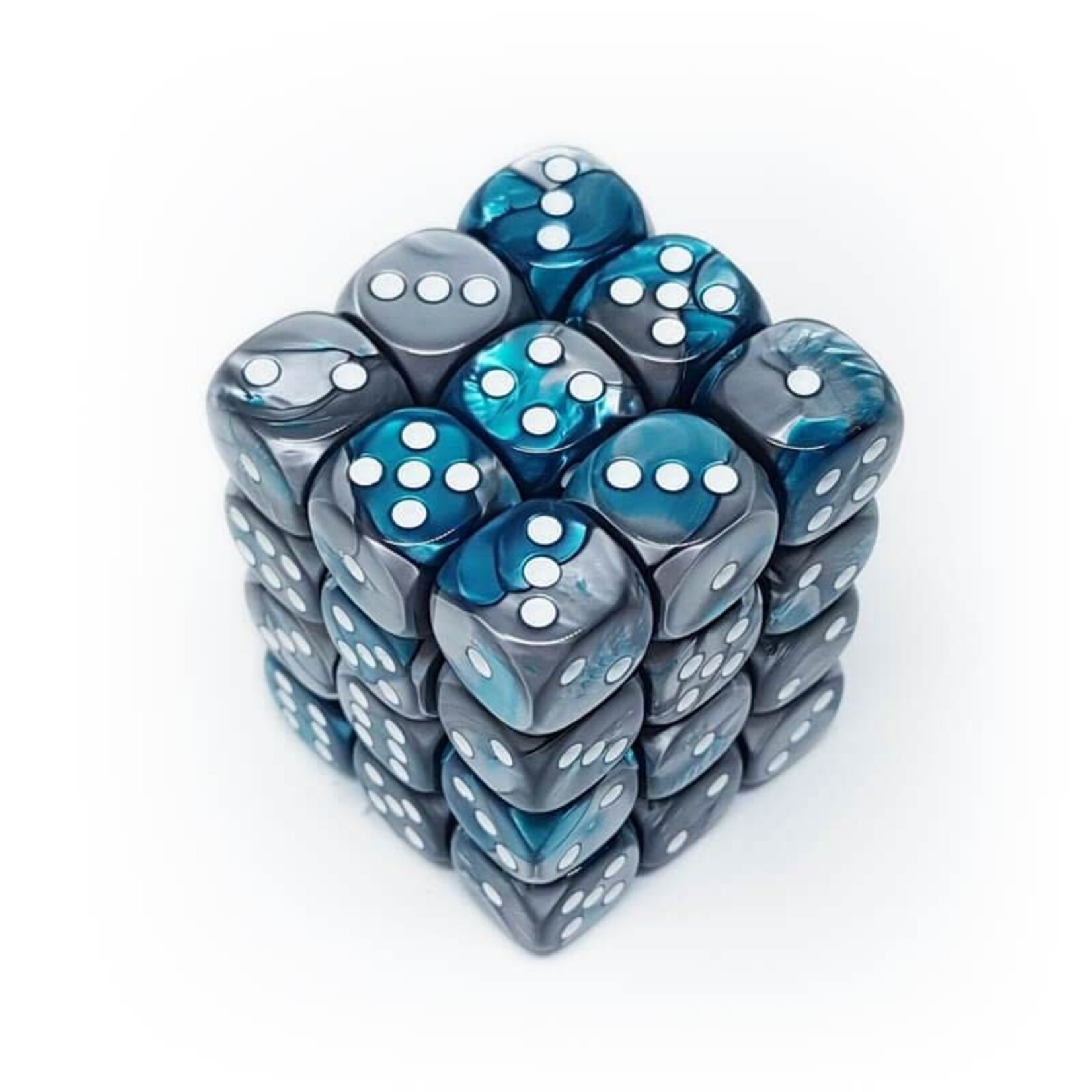 Chessex Gemini Steel-Teal/white 12mm d6 Dice Block (36 dice)