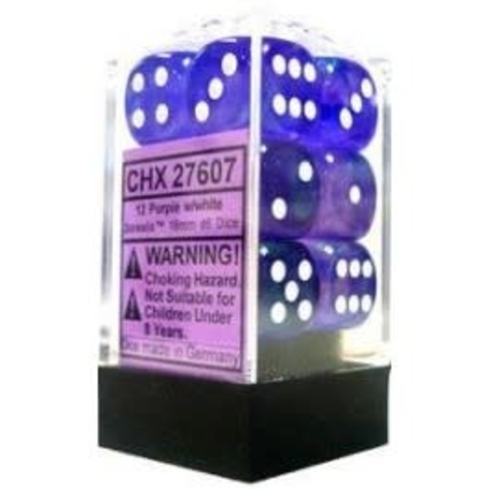 Chessex Borealis Purple/white Luminary 16mm d6 Dice Block (12 dice)