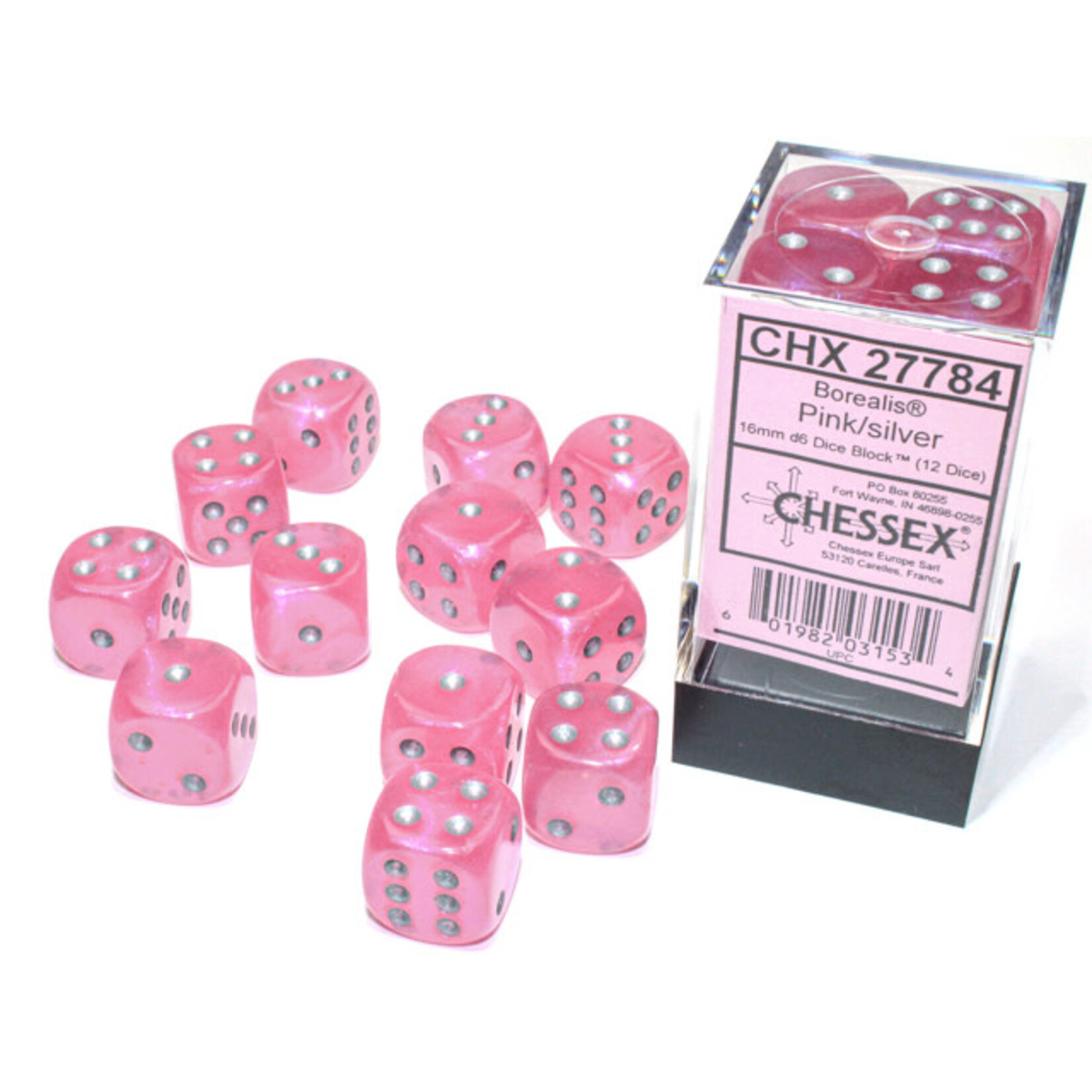 Chessex Borealis Pink/silver Luminary 16mm d6 Dice Block (12 dice)