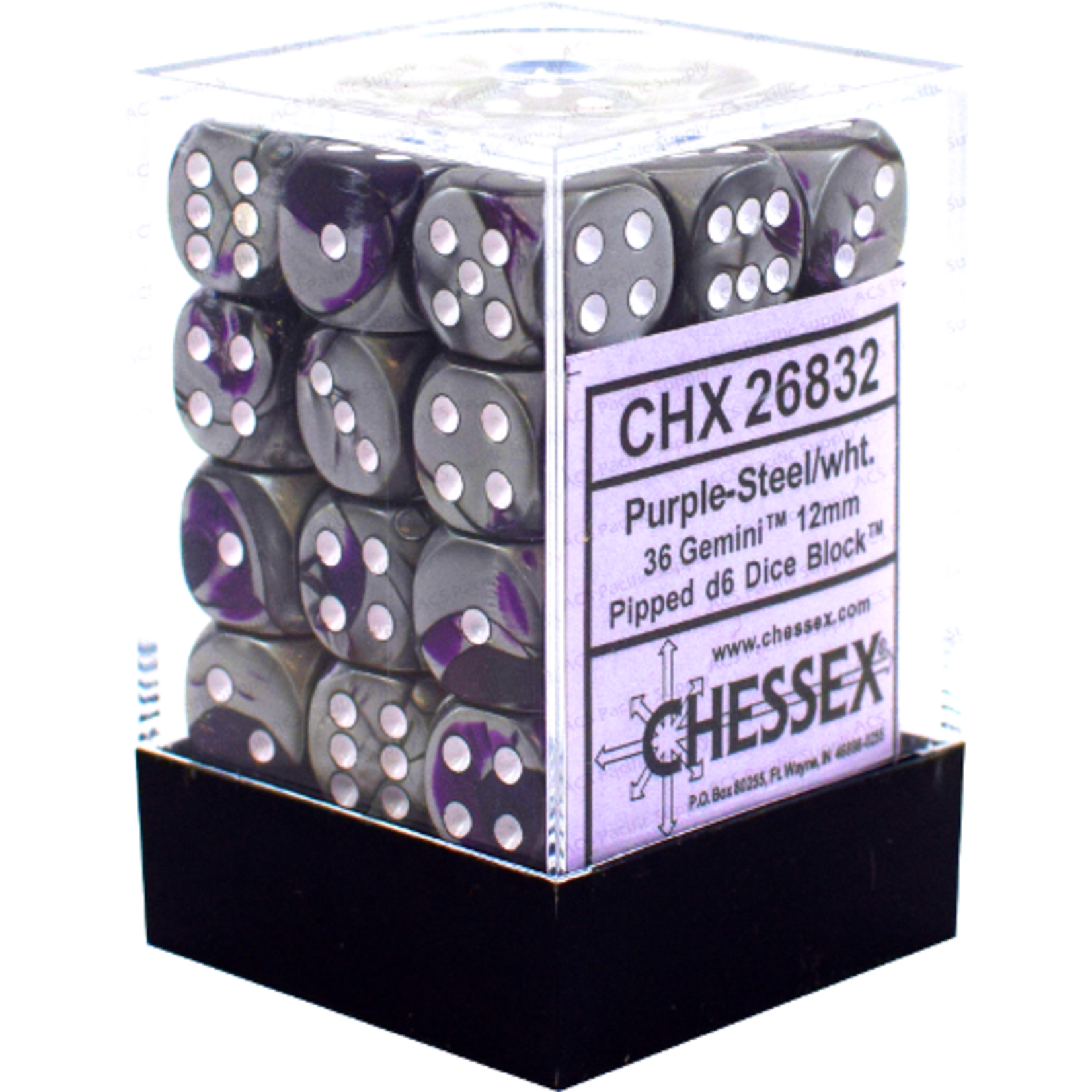 Chessex Gemini® 12mm d6 Purple-Steel/white Dice Block (36 dice)