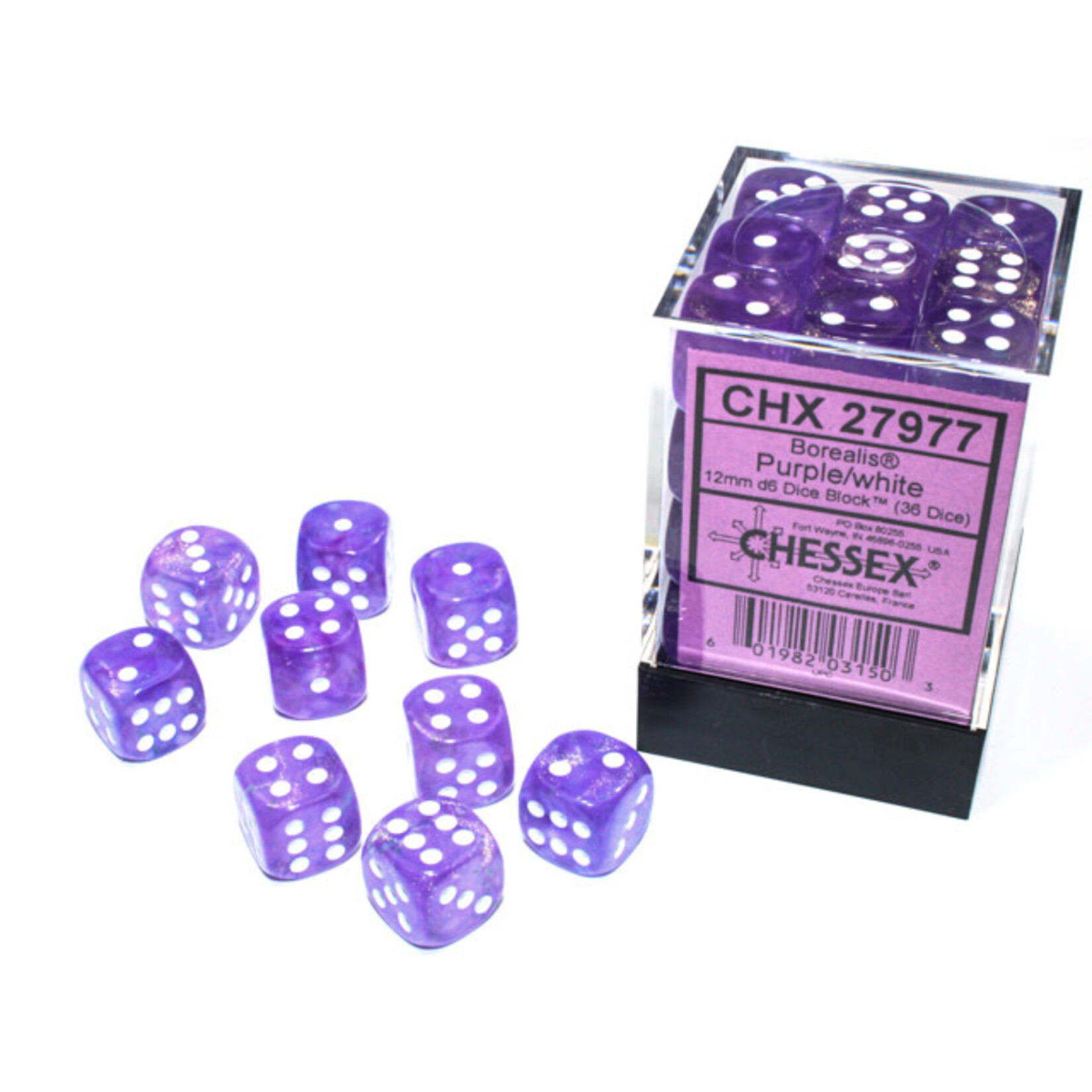 Chessex Borealis Purple/white Luminary 12mm d6 Dice Block (36 dice)